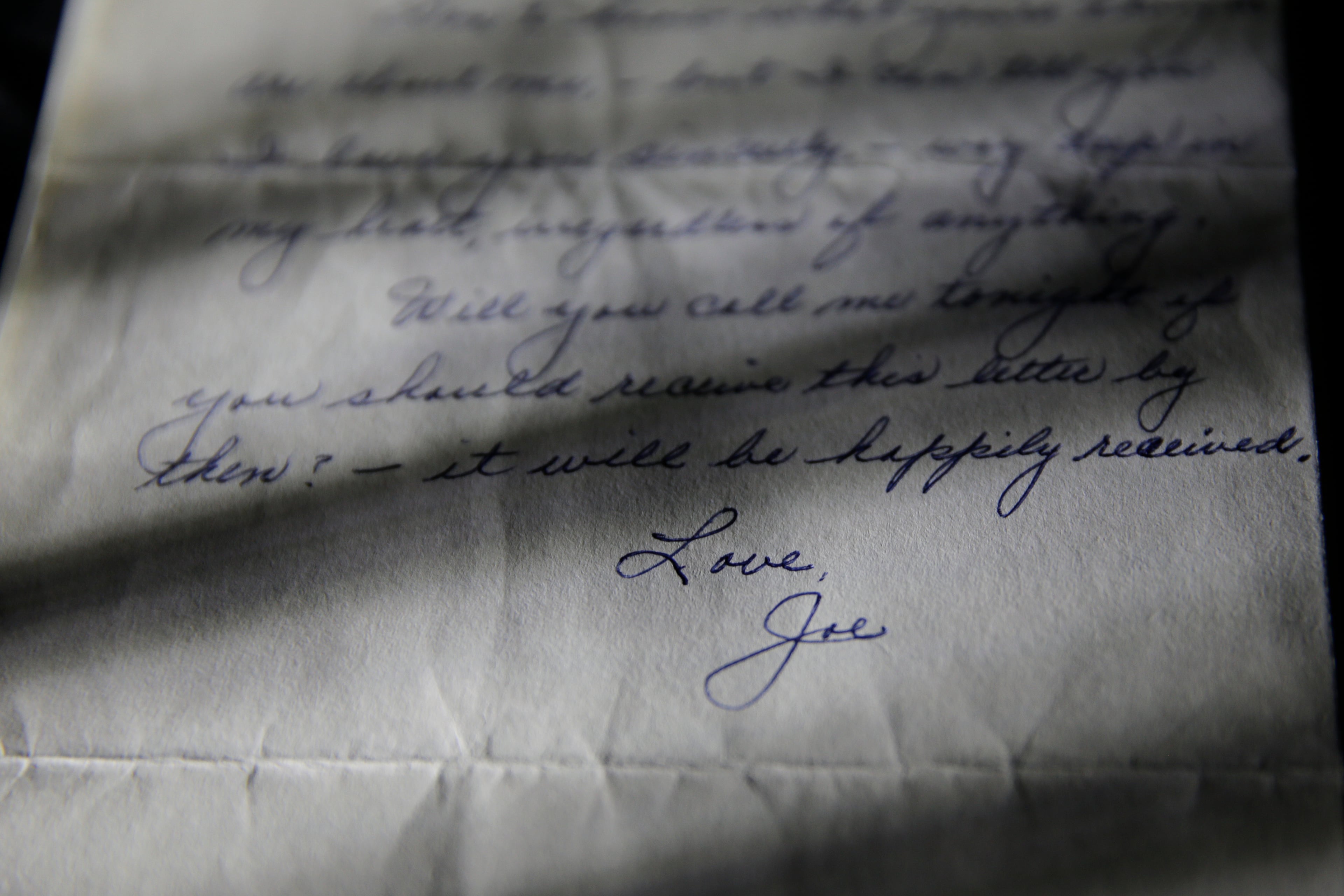 This Nov. 7, 2014, photo shows part of a three-page handwritten letter from baseball legend Joe DiMaggio to Marilyn Monroe that was postmarked Oct. 9, 1954, on display at Julien's Auctions in Beverly Hills, Calif. The letter is among the 300 items that are part of "Marilyn Monroe's Lost Archives" that go up for bid at Julien's Auctions in Beverly Hills on Dec. 5-6, 2014. (AP Photo/Jae C. Hong)