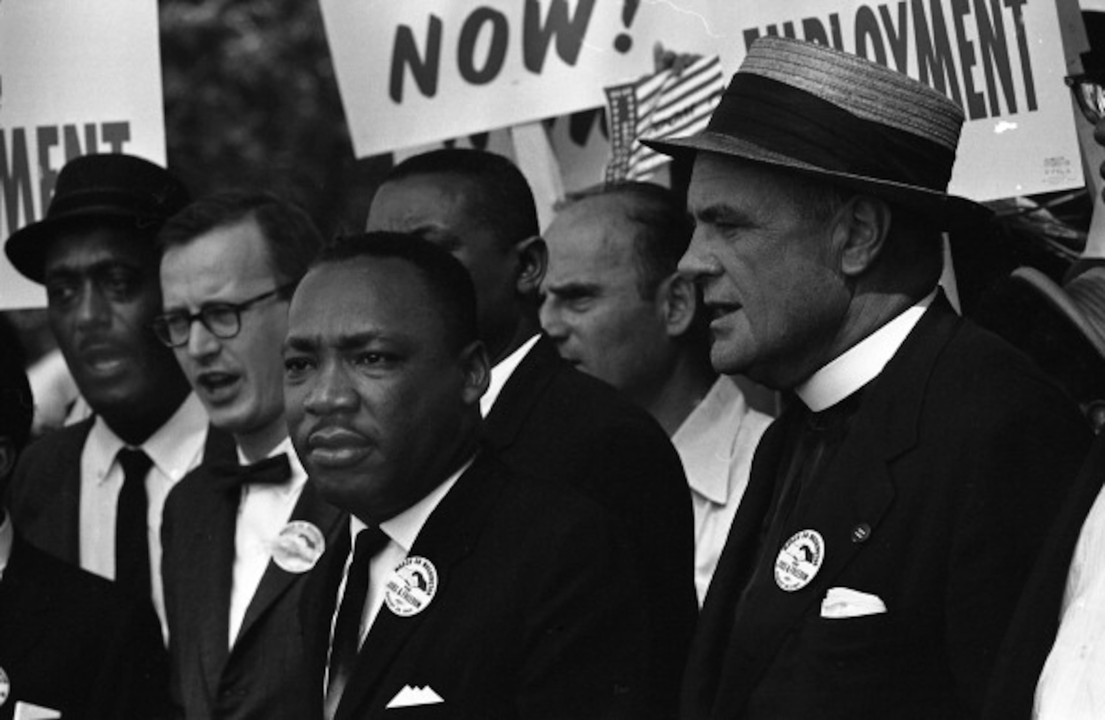 View of American civil rights leader Martin Luther King, Jr. (1929 - 1968, center) at the March on Washington for Jobs and Freedom, where he would deliver his 'I Have a Dream' speech, Washington DC, 28th August 1963. (Photo by Rowland Scherman/Getty Images)
