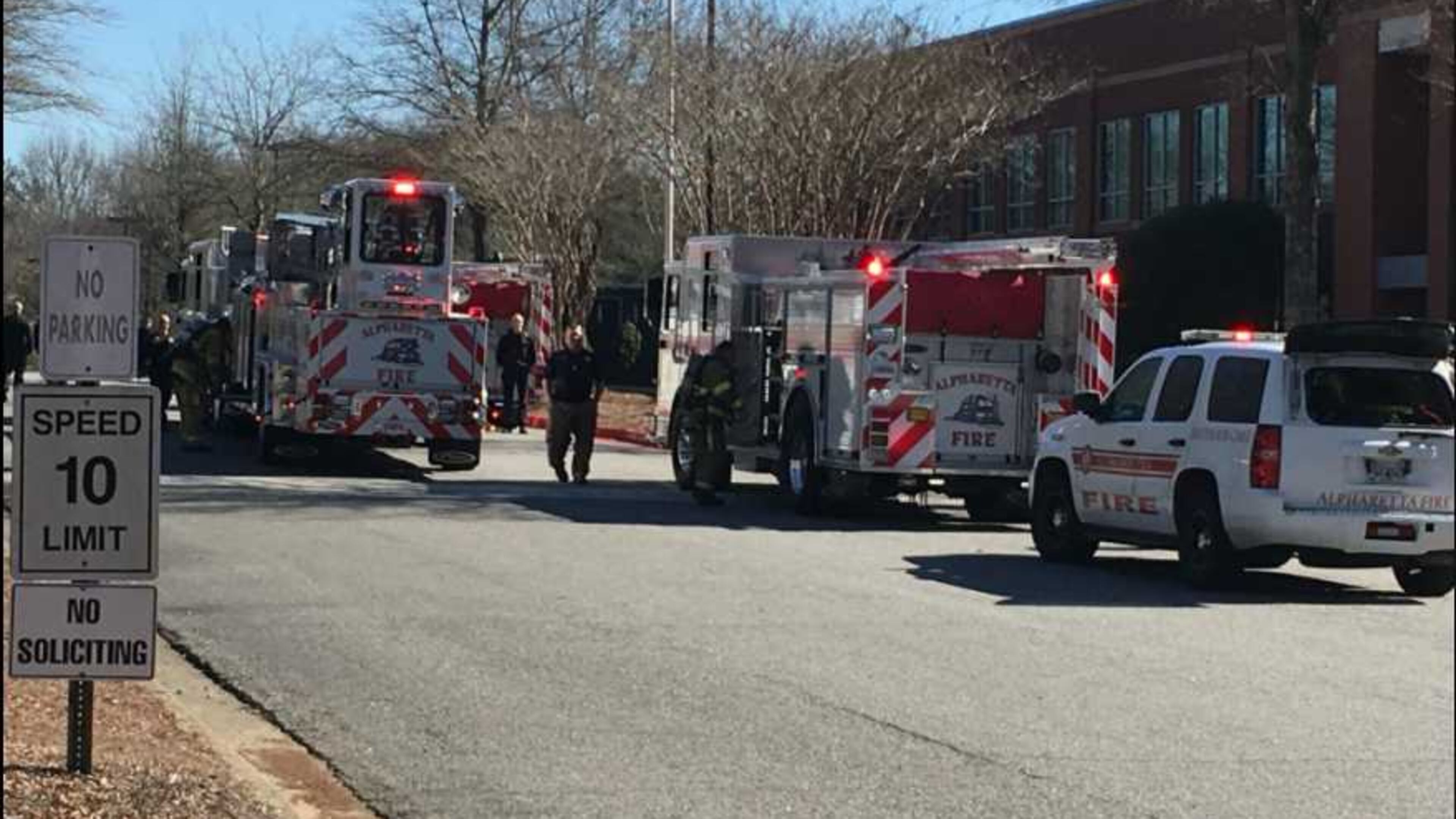 A fire was reported at the Comcast building in Alpharetta on Wednesday, but public safety officials found there was no fire and a burn smell was caused by workers.