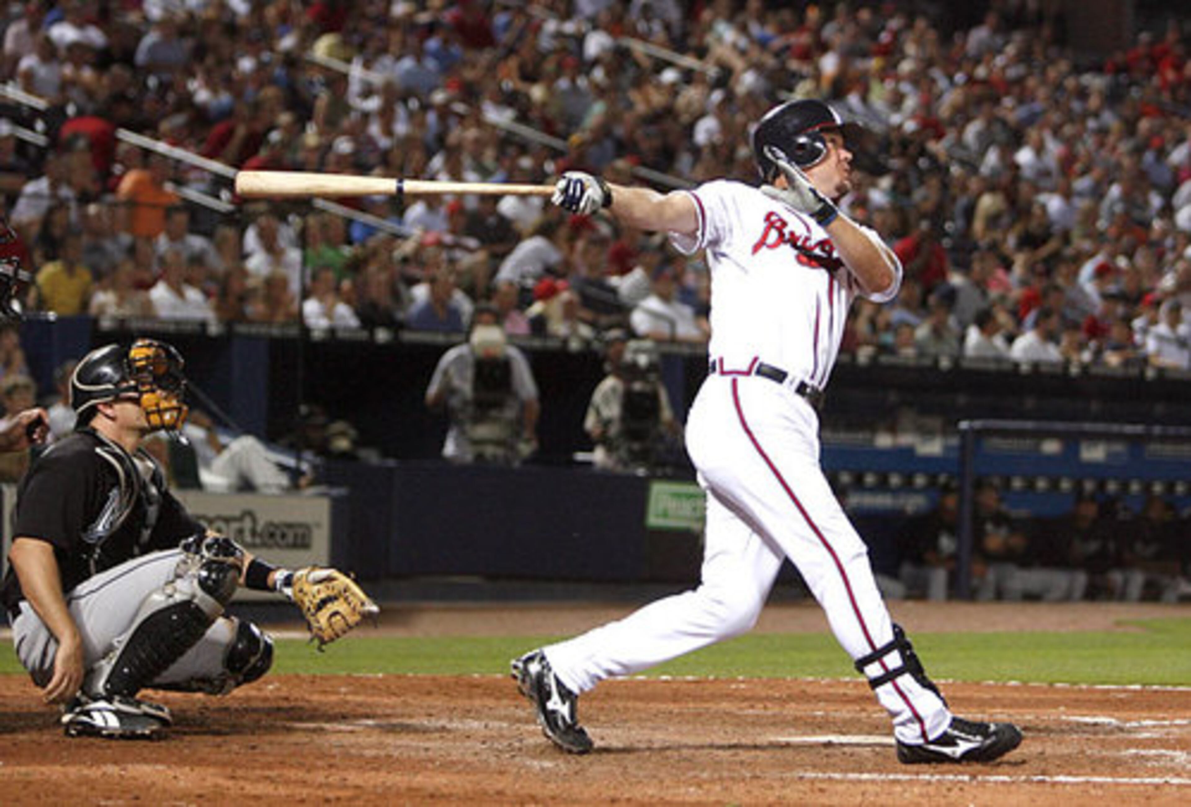 Chipper Jones added to his Hall-of-Hame career by becoming the 43rd player in major-league history to hit 400 home runs in a 7-5 victory against the Marlins at Turner Field. The 36-year-old third baseman got a standing ovation and a curtain call, stepping out of the dugout to wave his helmet to an adoring crowd of 27,238.
