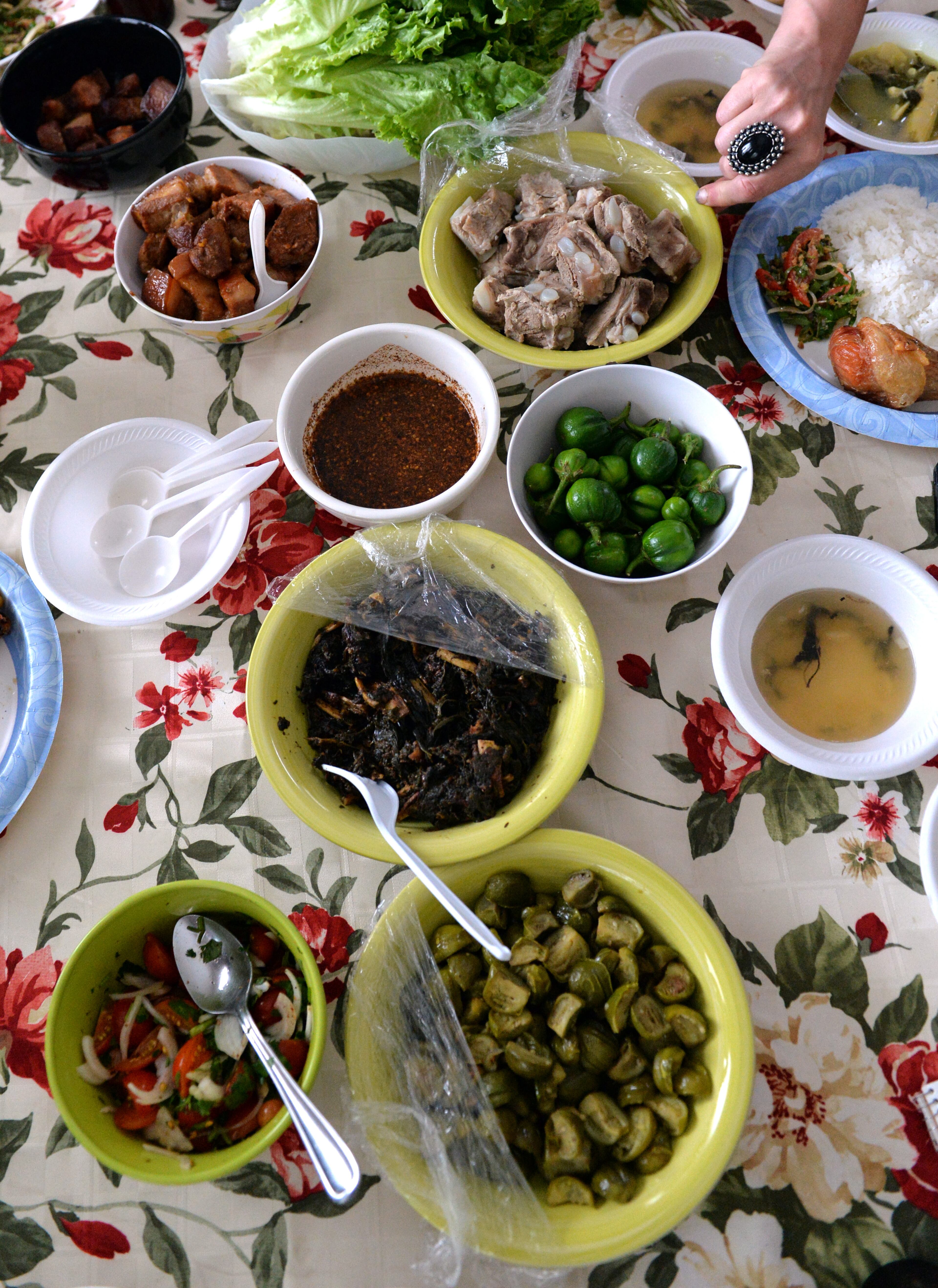 This dinner was prepared by Noela Men, who is originally from Burma, mostly with vegetables they harvested from their farm, at her home in Suwanee on Saturday, June 21, 2014. Global Growers Network connects international farmers who now live in Georgia to agriculture, by growing good food, training farmers, and creating economic opportunities. Global Growers started in 2009 as a project of the local nonprofit Refugee Family Services and is now an independent organization. HYOSUB SHIN / HSHIN@AJC.COM