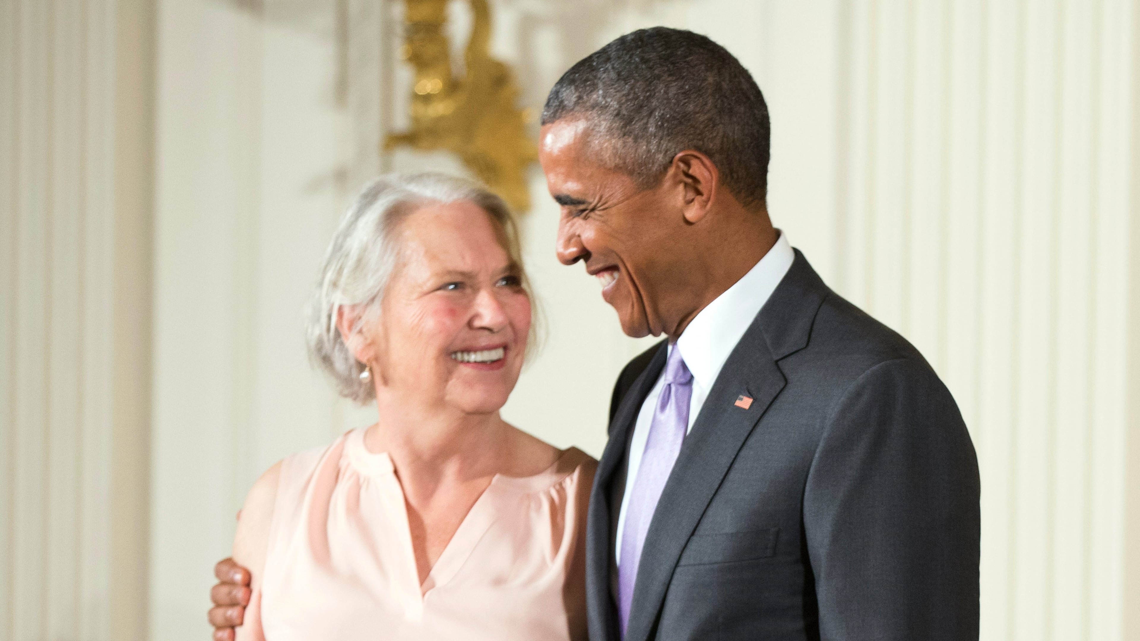 FILE - President Barack Obama appears with author Annie Dillard, recipient of the 2014 National Humanities Medal, during a ceremony in the East Room at the White House in Washington on Sept. 10, 2015. (AP Photo/Andrew Harnik, File)