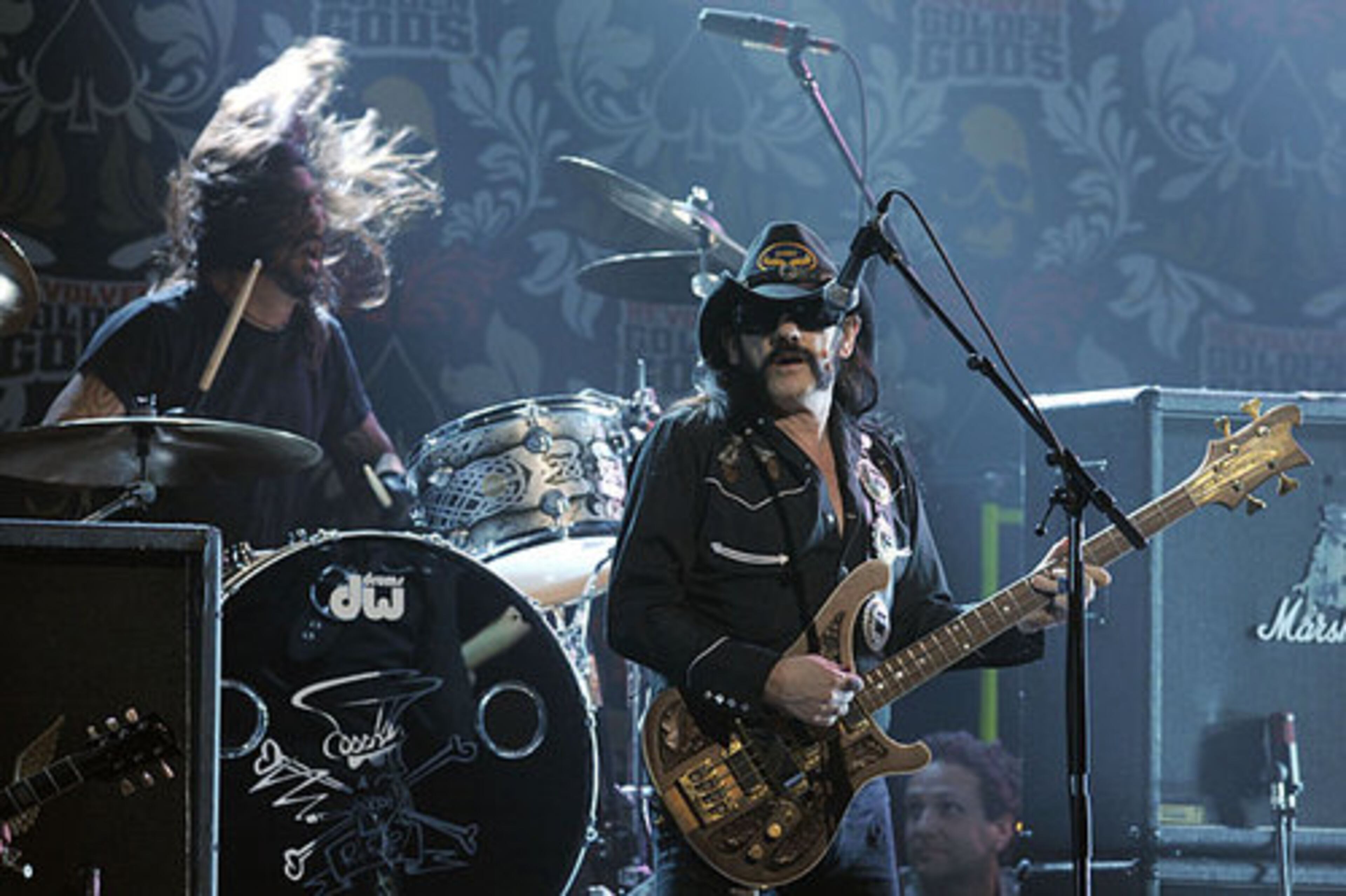 Singer Lemmy Kilmister, right, performs with Dave Grohl on drums.