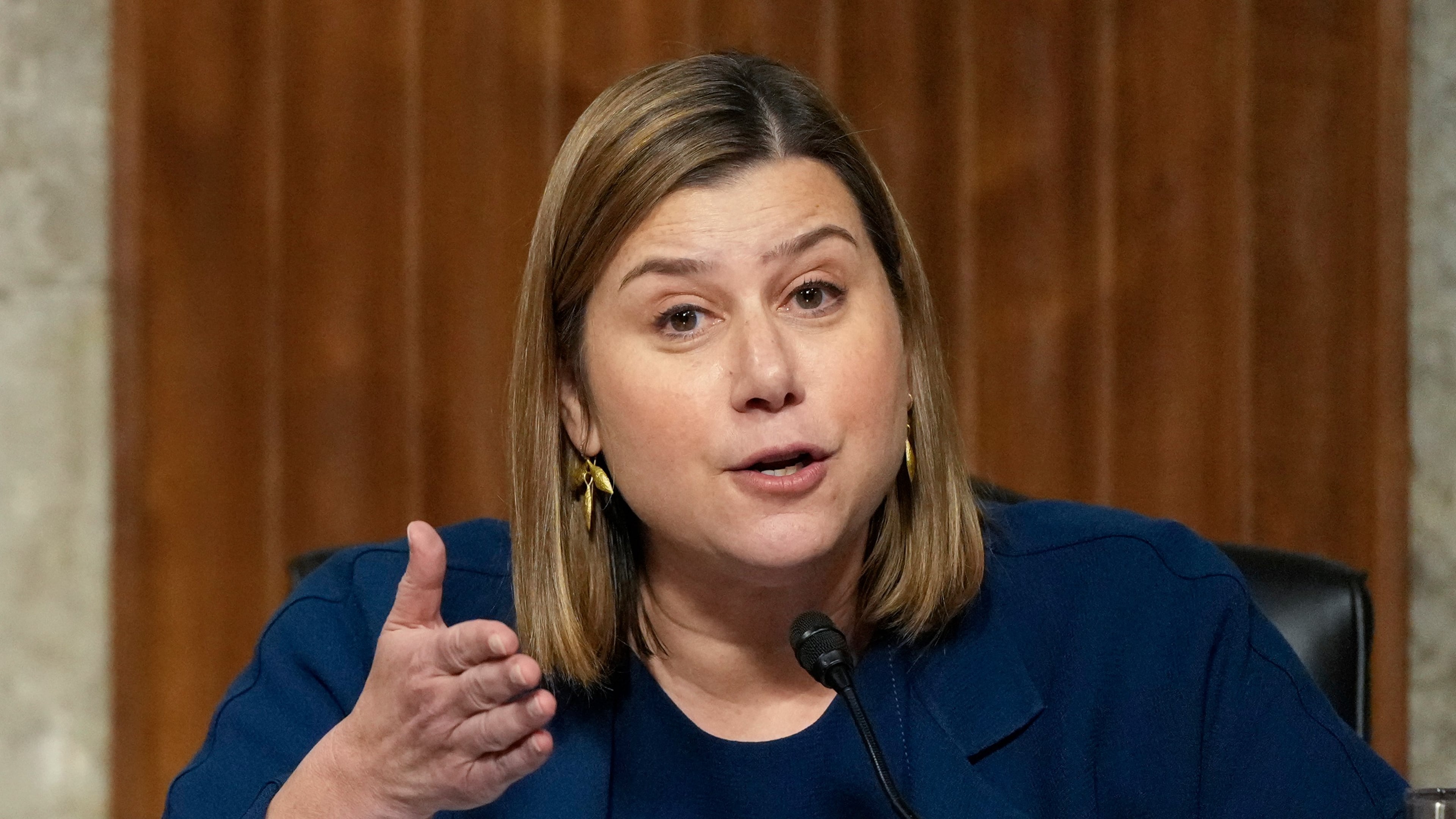 FILE - Sen. Elissa Slotkin, D-Mich., speaks during a hearing at the Capitol in Washington, Jan. 14, 2025. (AP Photo/Ben Curtis, File)