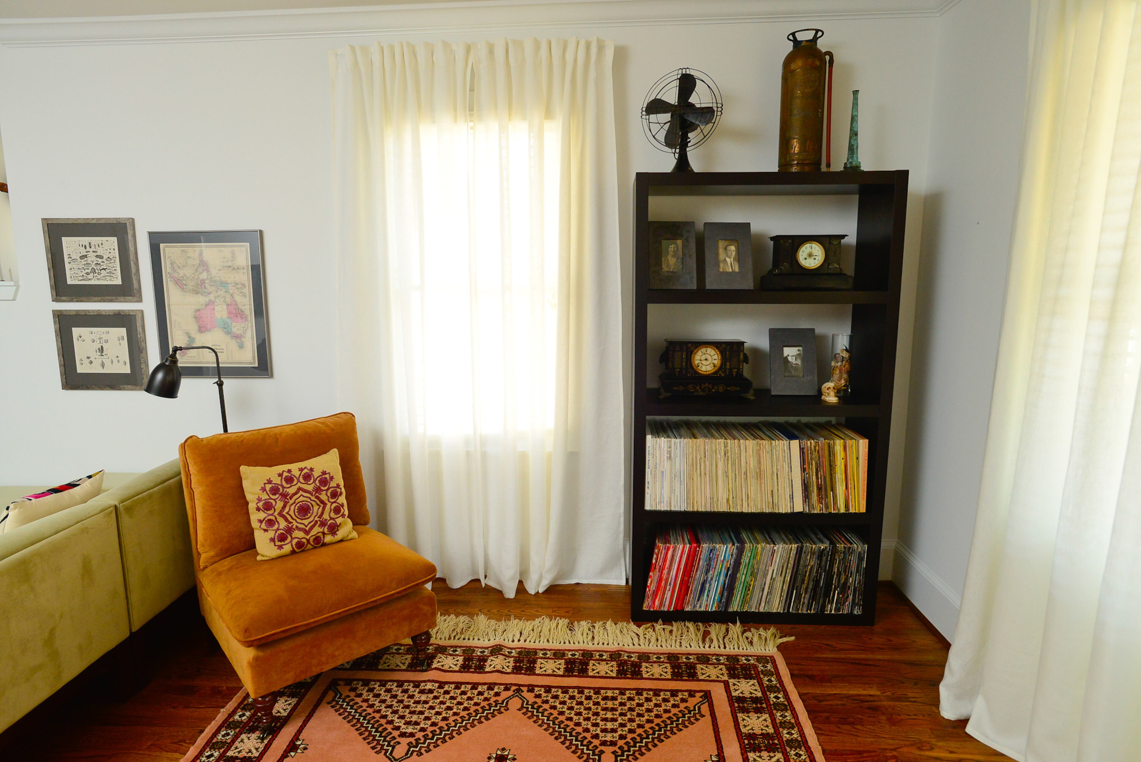 The rug was purchased in Rabat, Morocco, continuing the international theme throughout the home of Eileen Ansley and Andrew Burnes.