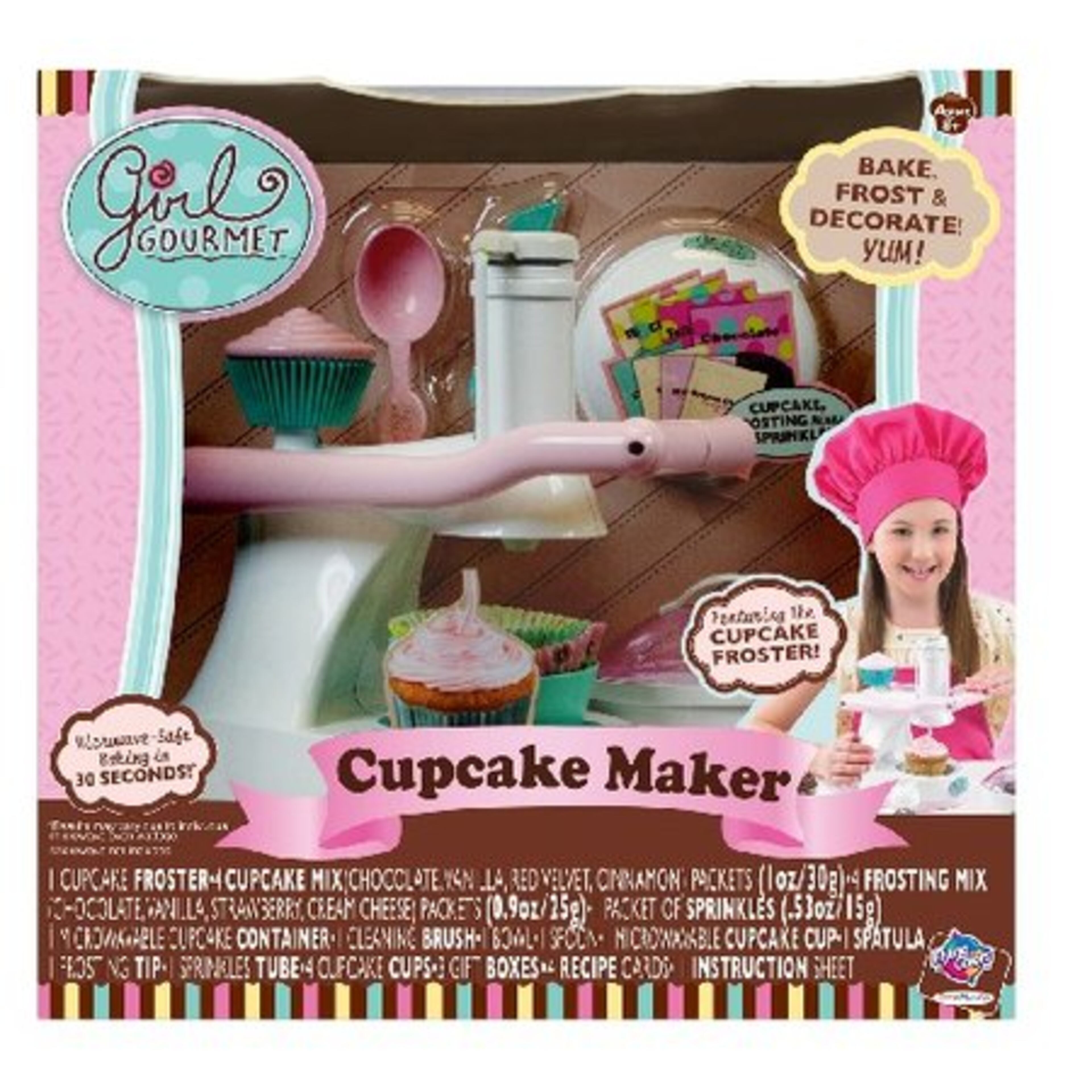Girl Gourmet Cupcake Maker: The popularity of cupcakes bakes its way into girl toys. Use one of the four included batter flavors to fashion homemade cupcakes in a flash. Add water, stir and place the cupcake maker in the microwave for 30 seconds. Use the enclosed froster to decorate the cupcake and doll it up with sprinkles, too. Price: $29.99. Need more refills? Packages are $5.99-$11.99 each.