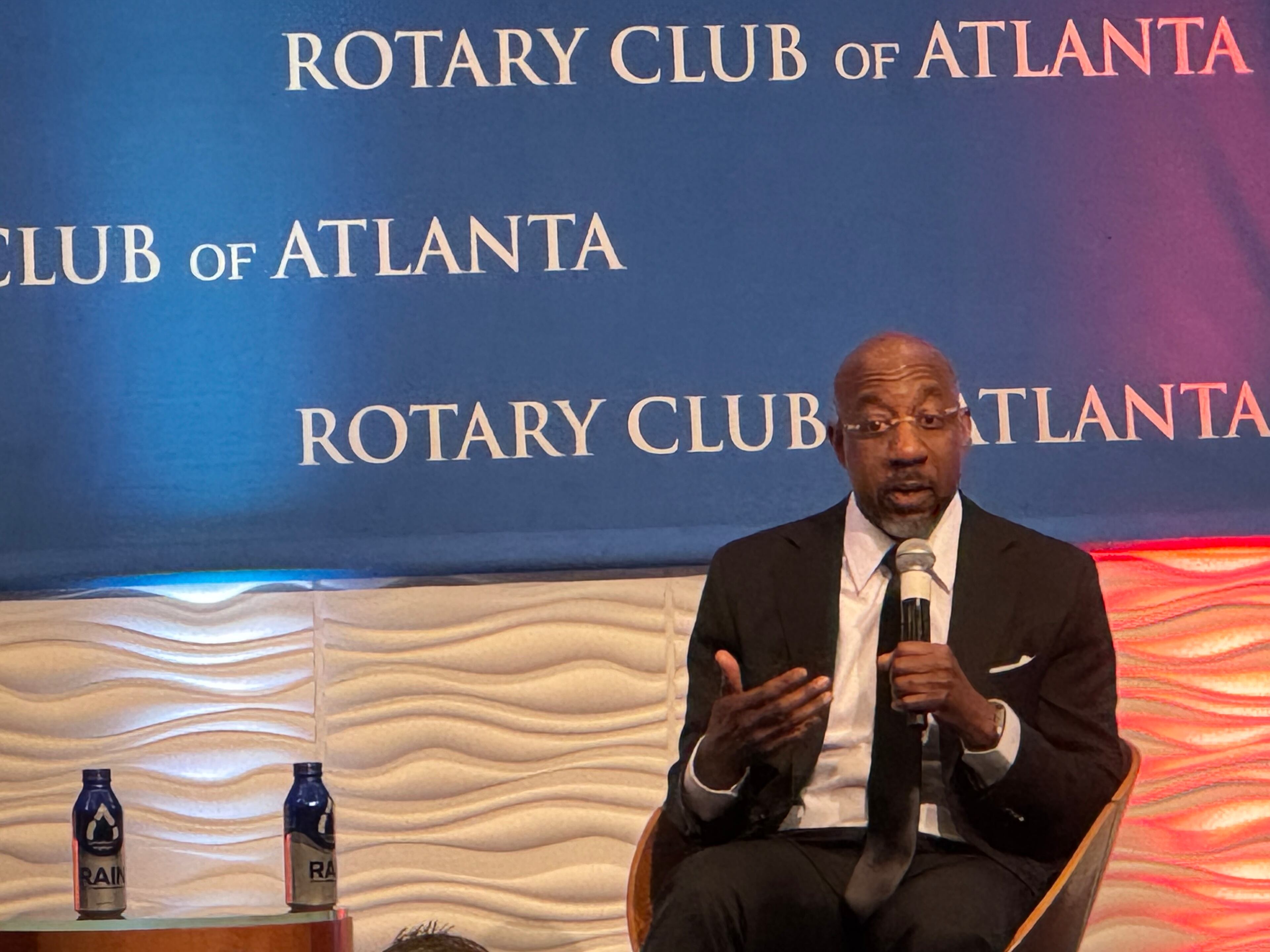 U.S. Sen. Raphael Warnock spoke to the Rotary Club of Atlanta on Monday.