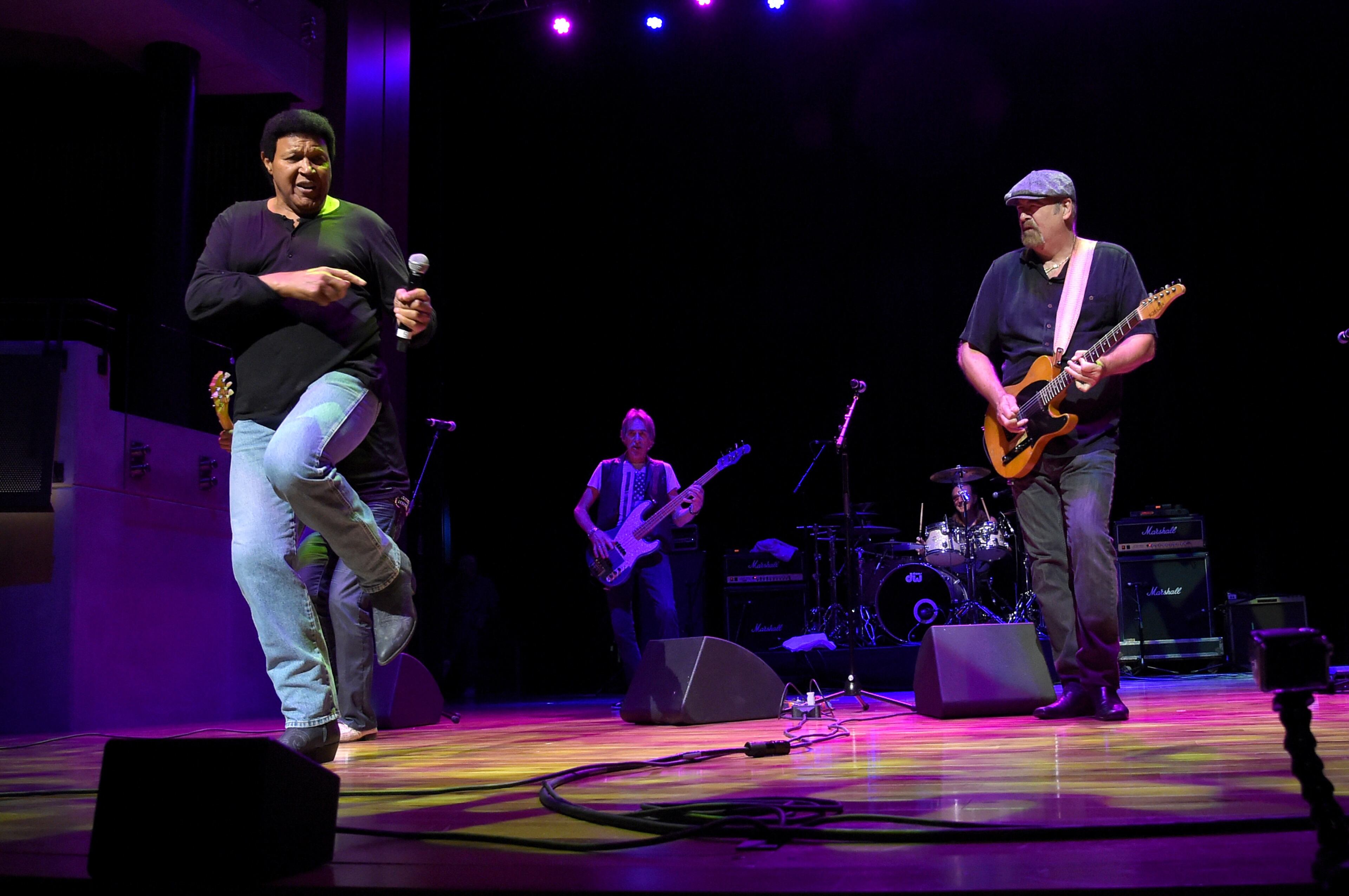 NASHVILLE, TN - SEPTEMBER 30: Chubby Checker (L) performs onstage with Craig MacGregor and Bryan Bassett of Foghat at the Paradise Artists Party during Day 4 of the IEBA 2014 Conference on September 30, 2014 in Nashville, Tennessee. (Photo by Rick Diamond/Getty Images for IEBA)