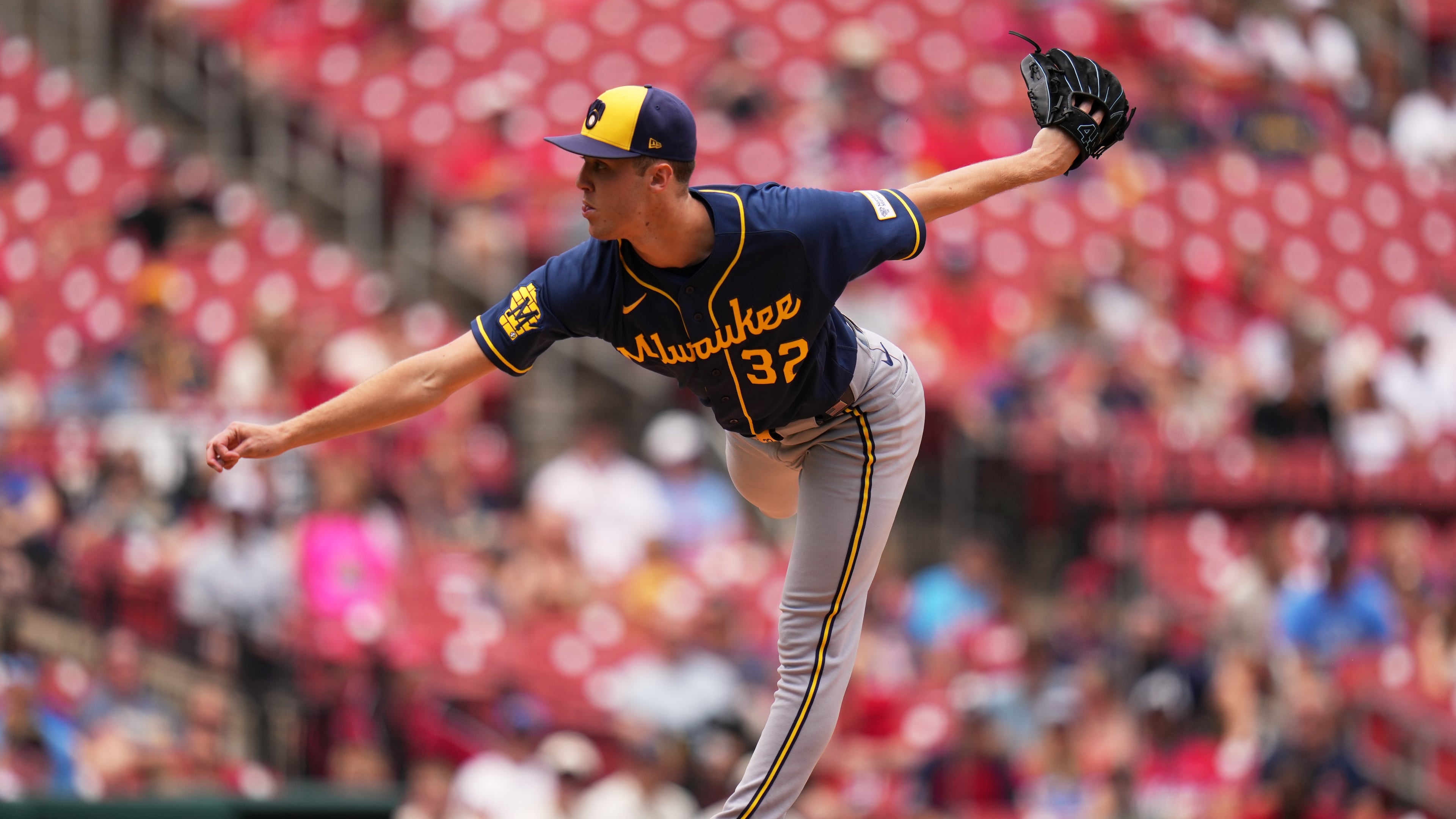 Milwaukee Brewers starting pitcher Jacob Misiorowski throws during the first inning in the first game of a baseball doubleheader against the St. Louis Cardinals Tuesday, July 7, 2026, in St. Louis. (AP Photo/Jeff Roberson)