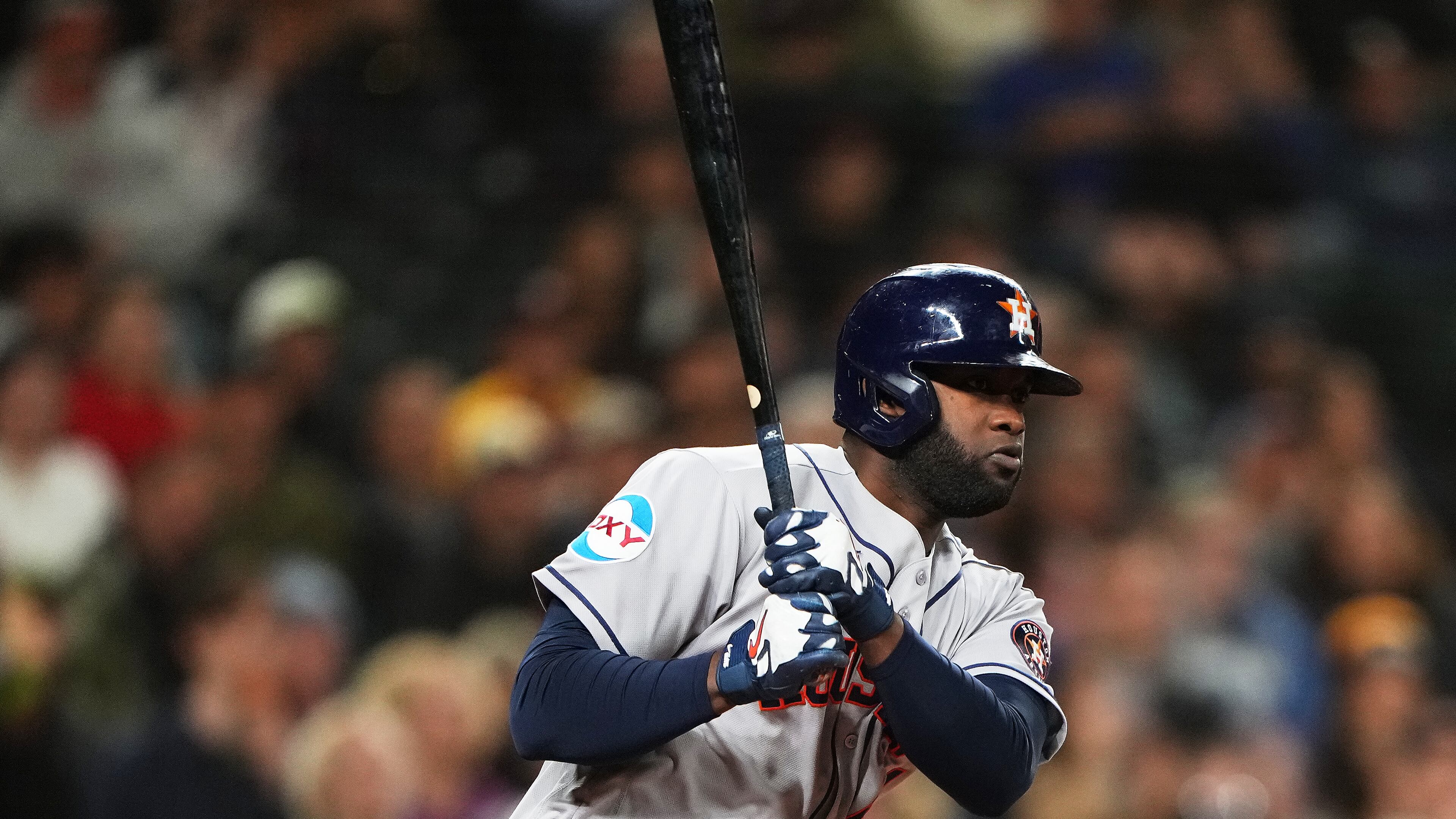 Houston Astros' Yordan Alvarez follows through on a double against the Seattle Mariners during the third inning of a baseball game, Wednesday, Sept. 23, 2026, in Seattle. (AP Photo/Lindsey Wasson)