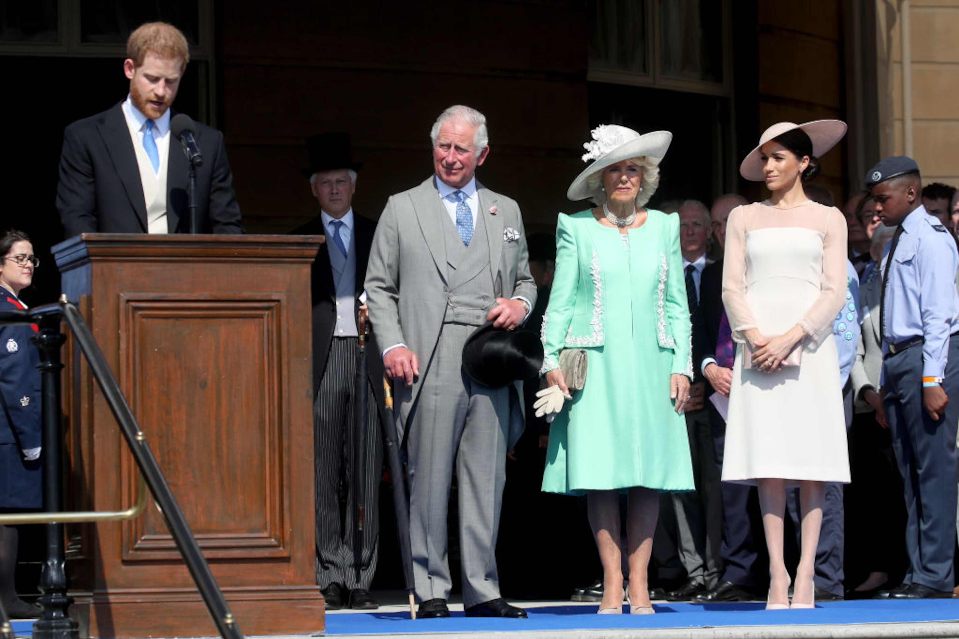 LONDON, ENGLAND - MAY 22: (L-R) Prince Harry, Duke of Sussex gives a speech next to Prince Charles, Prince of Wales, Camilla, Duchess of Cornwall and Meghan, Duchess of Sussex as they attend The Prince of Wales' 70th Birthday Patronage Celebration held at Buckingham Palace on May 22, 2018 in London, England. (Photo by Chris Jackson/Chris Jackson/Getty Images)