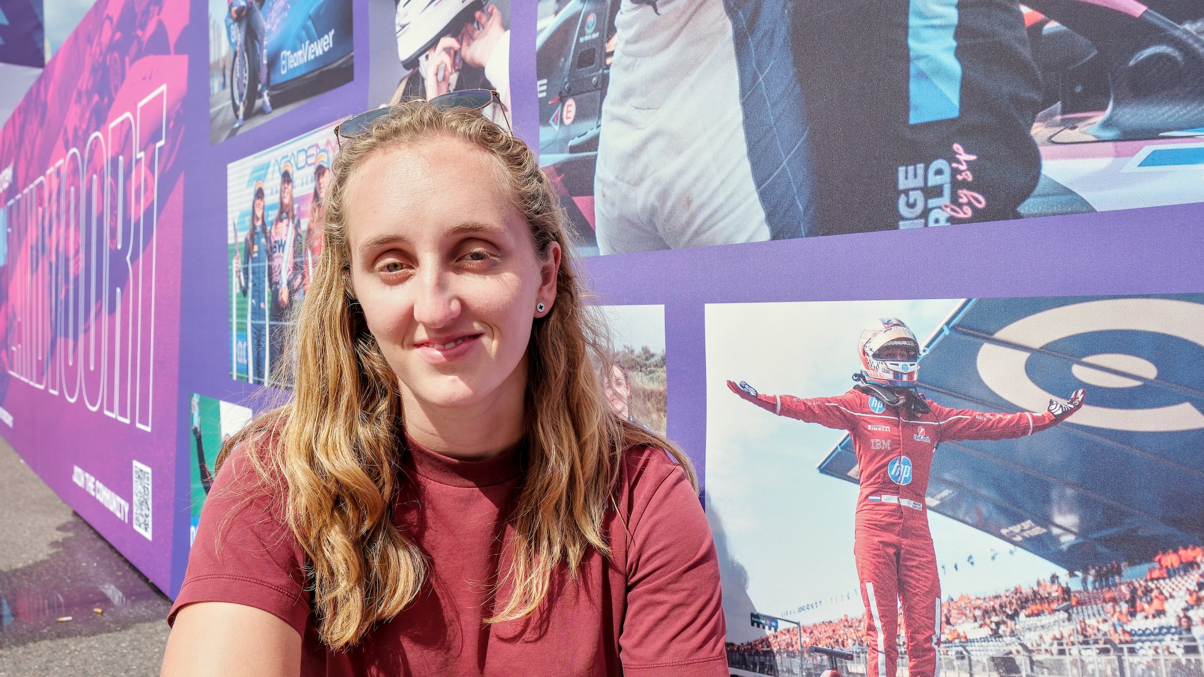 Maya Weug poses for a photo at an F1 Academy race in Zandvoort, Netherlands, Sunday, Aug. 23, 2026. (AP Photo/Patrick Post) CORRECTED: location "at an F1 Academy race in Zandvoort" instead of during the World Rowing Championships in Znadvoort", and the City field: Zandvoort instead of Amsterdam.