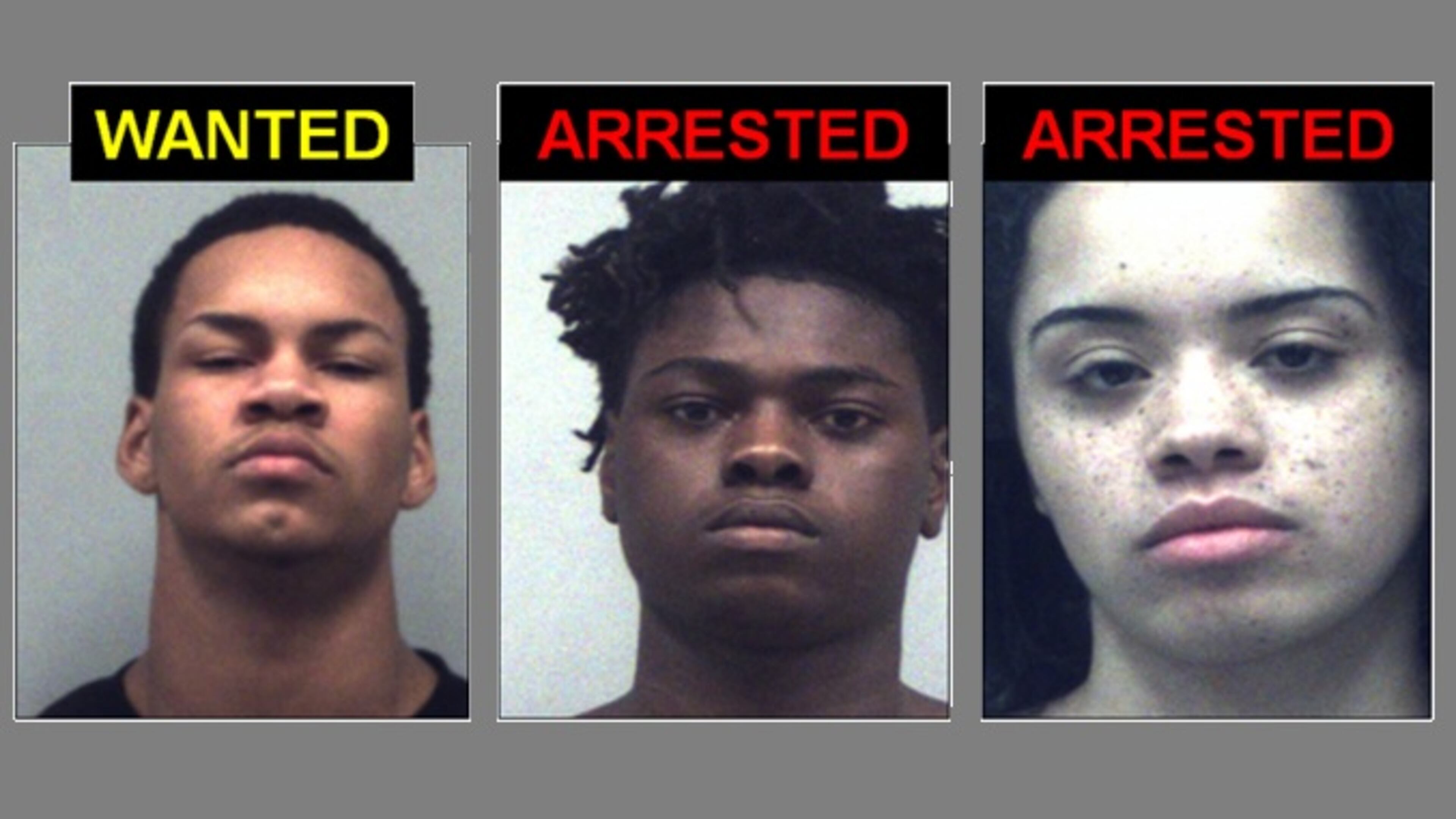 Bruce Chambers, 19, is wanted on armed robbery and aggravated assault charges in connection with a July 31 shooting. Dylan Grant, 19, (center) and Isis McCloud, 17, have been charged in connection with the same shooting.