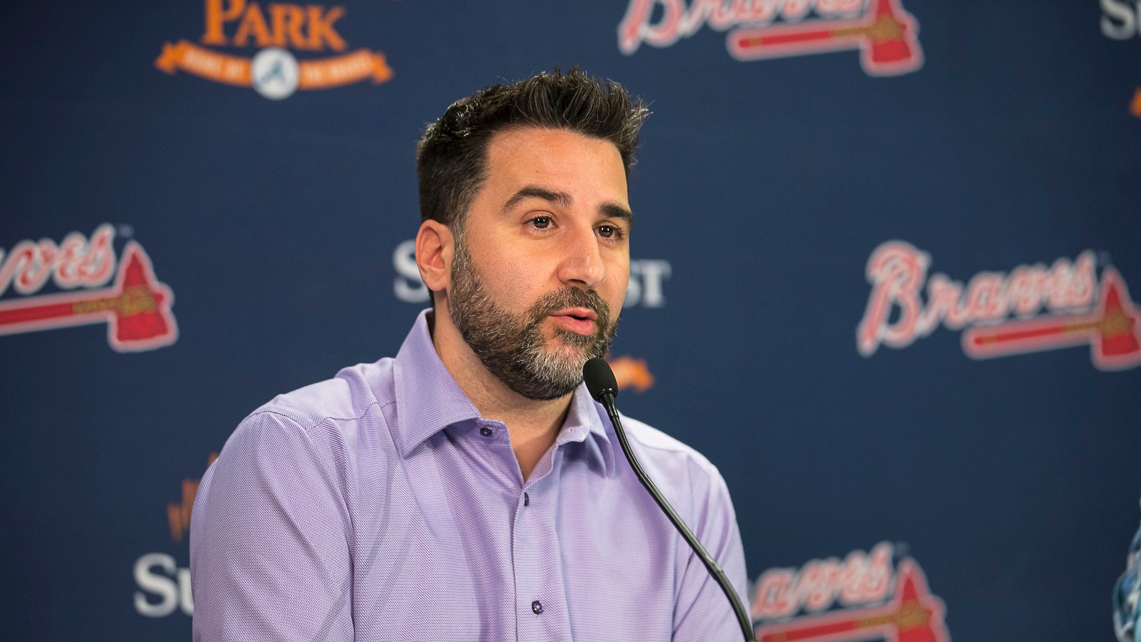 Braves general manager Alex Anthopoulos answers questions during a press conference a day following the loss to the St. Louis Cardinals. (Alyssa Pointer/Atlanta Journal Constitution)