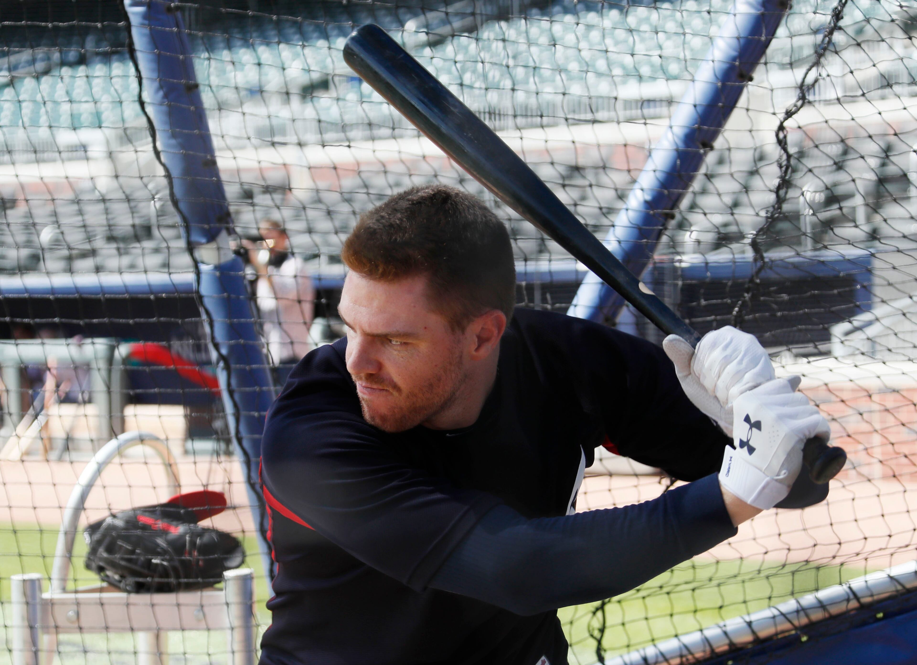 Freddie Freeman takes some swings in the batting cage. The Atlanta Braves held a workout at SunTrust Park on Tuesday, October 2nd, before packing up to head to their National League Division Series. game in Los Angeles against the Dodgers. BOB ANDRES / BANDRES@AJC.COM