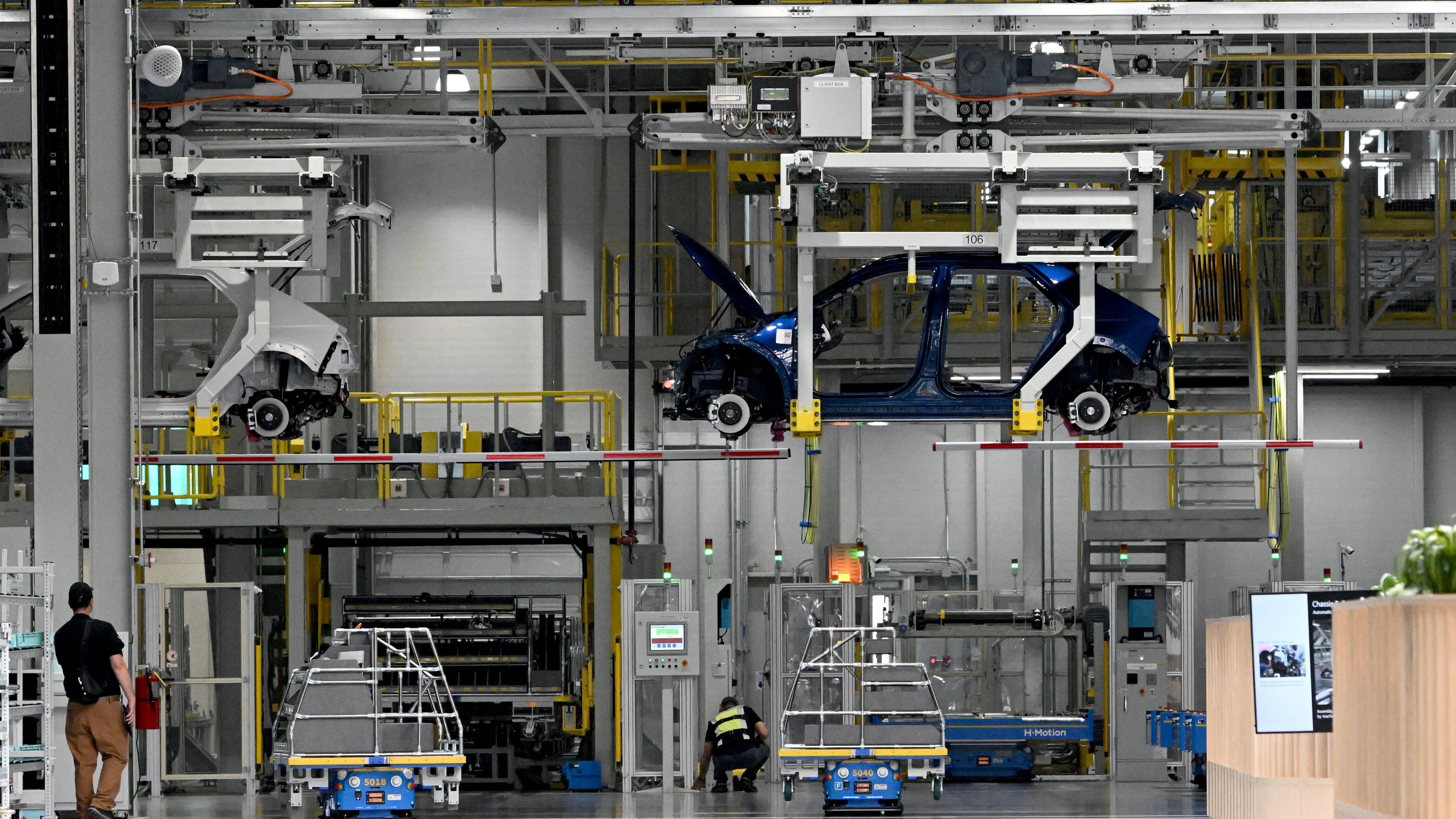 Hyundai IONIQ 5 electric vehicles advance to the next stage of the assembly line at Hyundai Motor Group Metaplant America (HMGMA) on Wednesday, May 6, 2026, in Ellabell, Georgia. (Hyosub Shin/AJC)