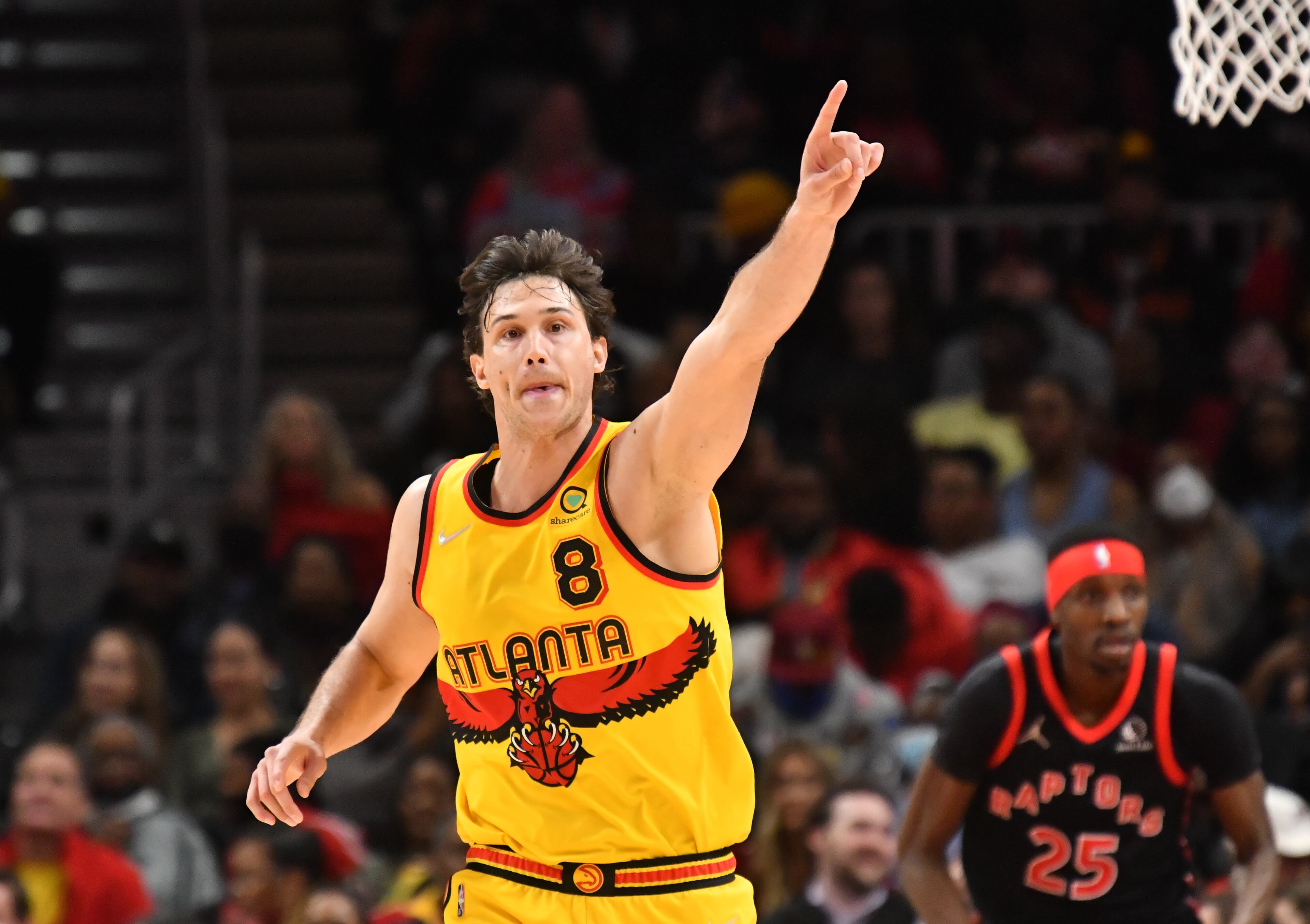 Atlanta Hawks forward Danilo Gallinari (8) celebrates during the second half against the Raptors at State Farm Arena on Saturday, February 26, 2022. The Hawks won 127-100. (Hyosub Shin / Hyosub.Shin@ajc.com)