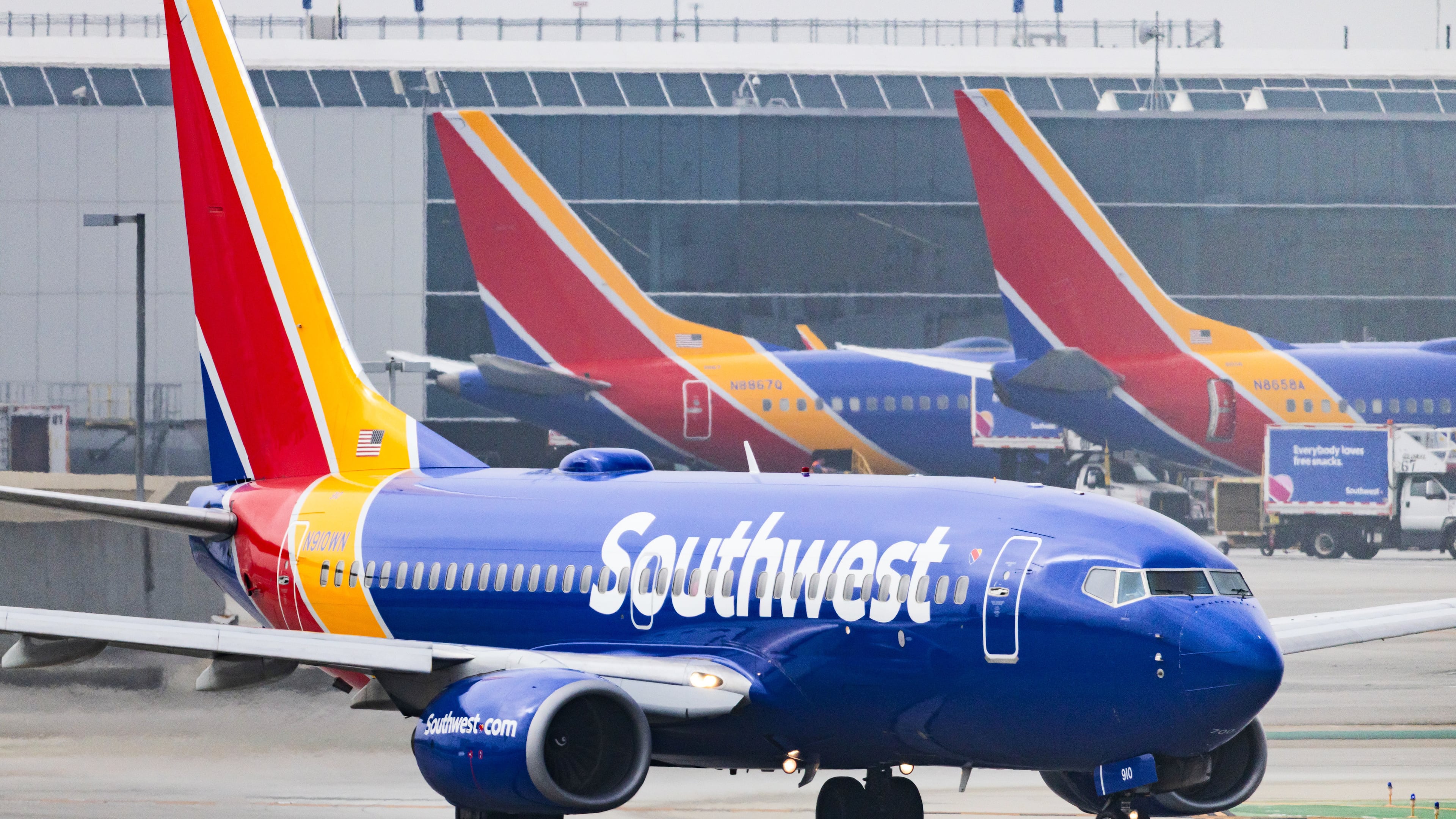 FILE - A Southwest Airlines plane is on the runway at Los Angeles International Airport on March 23, 2026, in Los Angeles. (AP Photo/Ethan Swope, File)