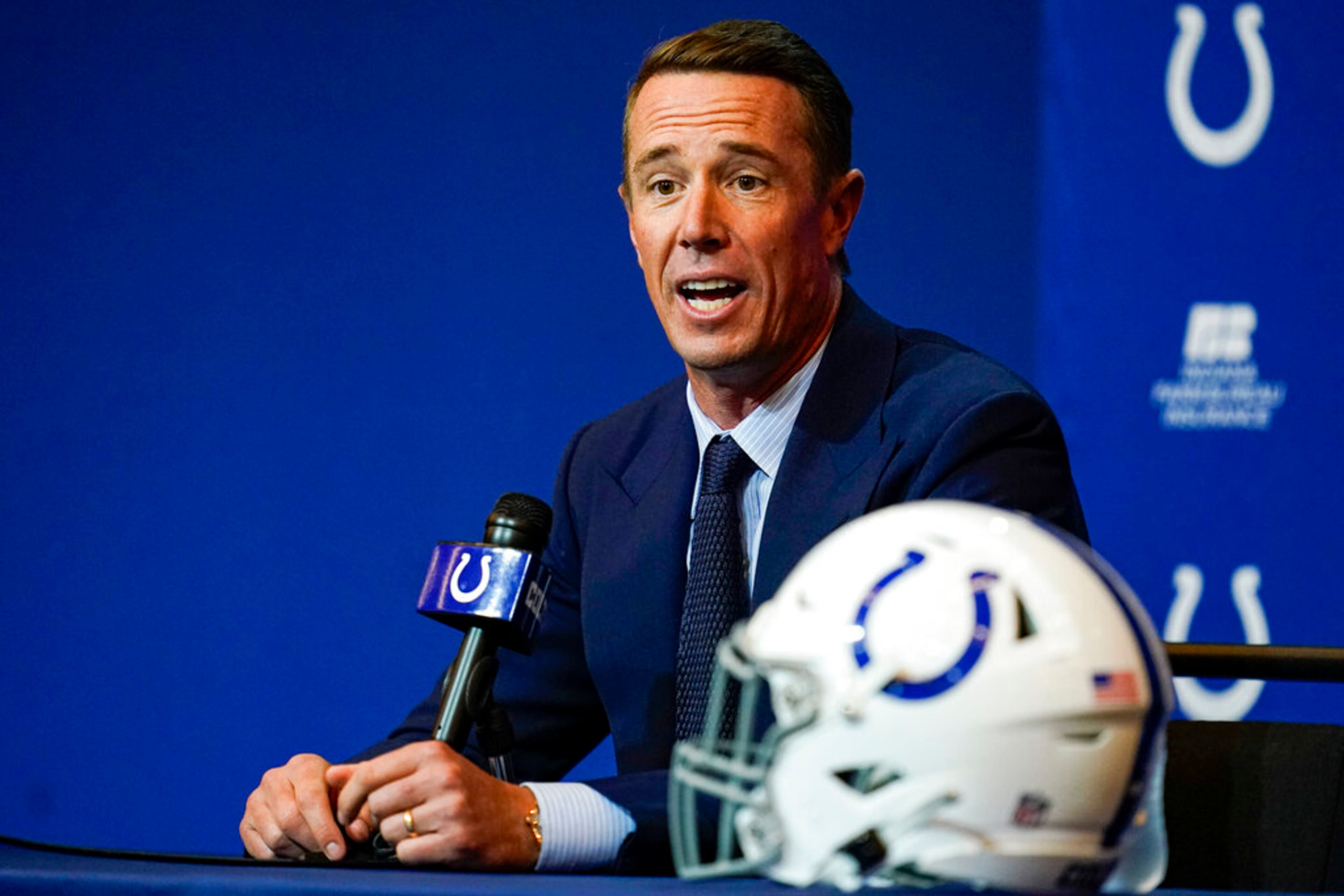Indianapolis Colts quarterback Matt Ryan speaks during a press conference at the NFL team's practice facility in Indianapolis, Tuesday, March 22, 2022. (AP Photo/Michael Conroy)