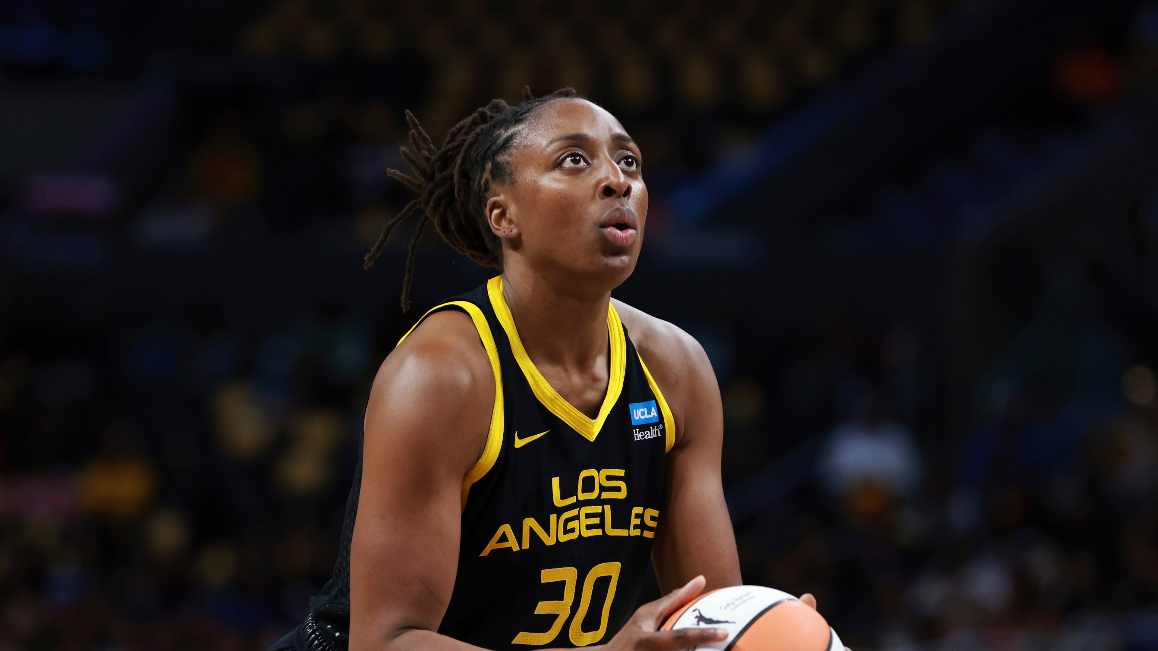 FILE - Los Angeles Sparks forward Nneka Ogwumike (30) against the Phoenix Mercury during a WNBA basketball game, Friday, May 19, 2023, in Los Angeles. (AP Photo/Jeff Lewis, File)