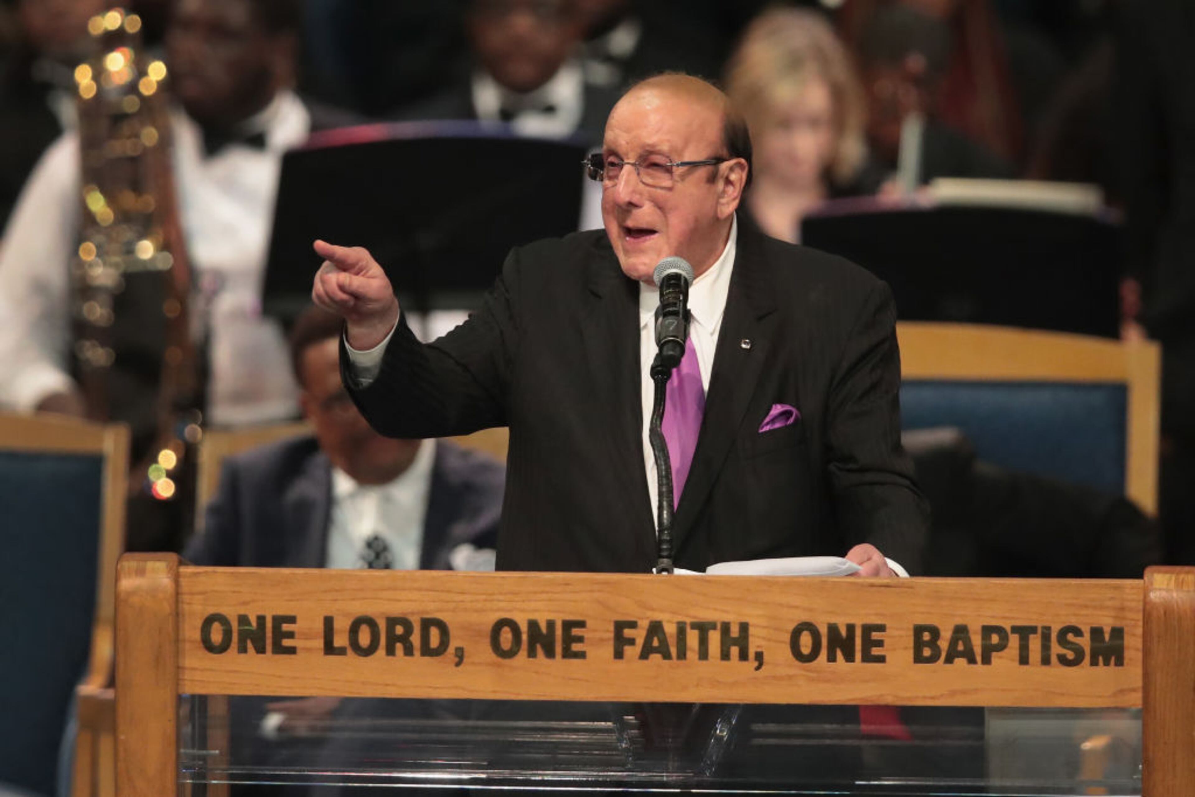 DETROIT, MI - AUGUST 31: Sony Music Chief Creative Officer Clive Davis speaks at the funeral for Aretha Franklin at the Greater Grace Temple on August 31, 2018 in Detroit, Michigan. Franklin, 76, died at her home in Detroit on August 16. (Photo by Scott Olson/Getty Images)