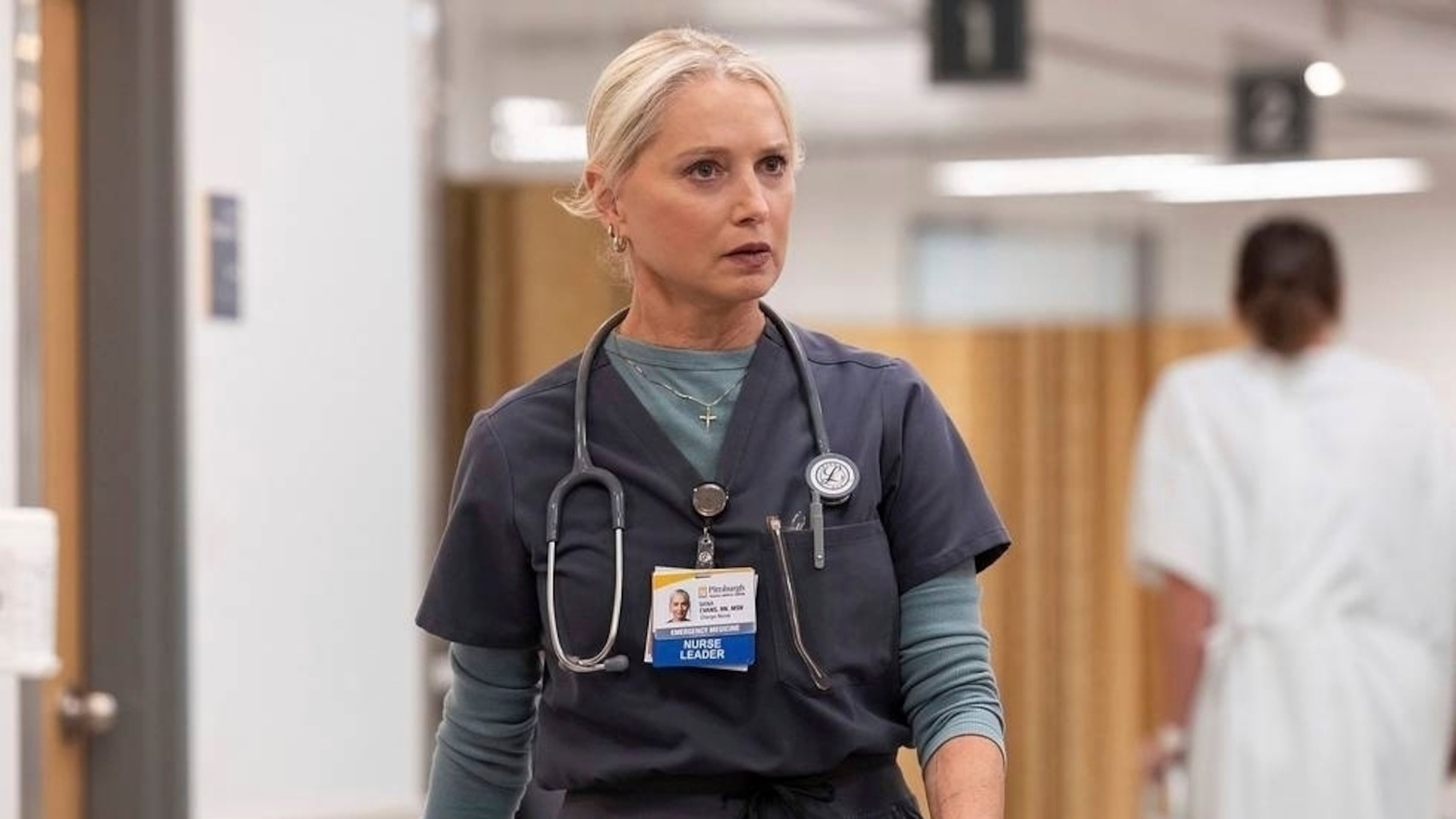 This image released by HBO shows Katherine LaNasa in a scene from "The Pitt." (HBO via AP)