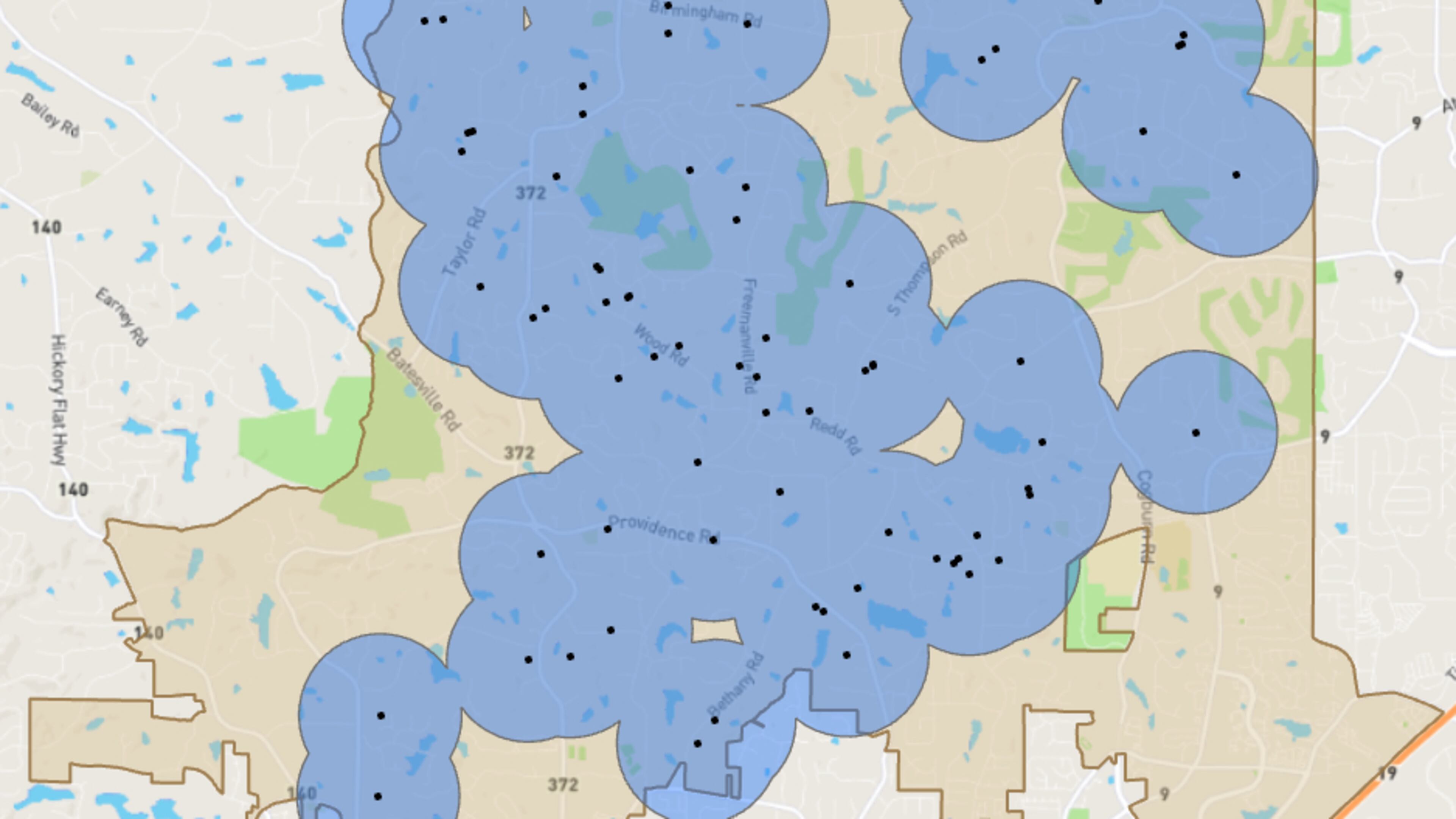 This map shows half-mile radius bubbles around many of Milton horse farms. The public is asked to consider these sensitive animals when using fireworks nearby. (Courtesy City of Milton)