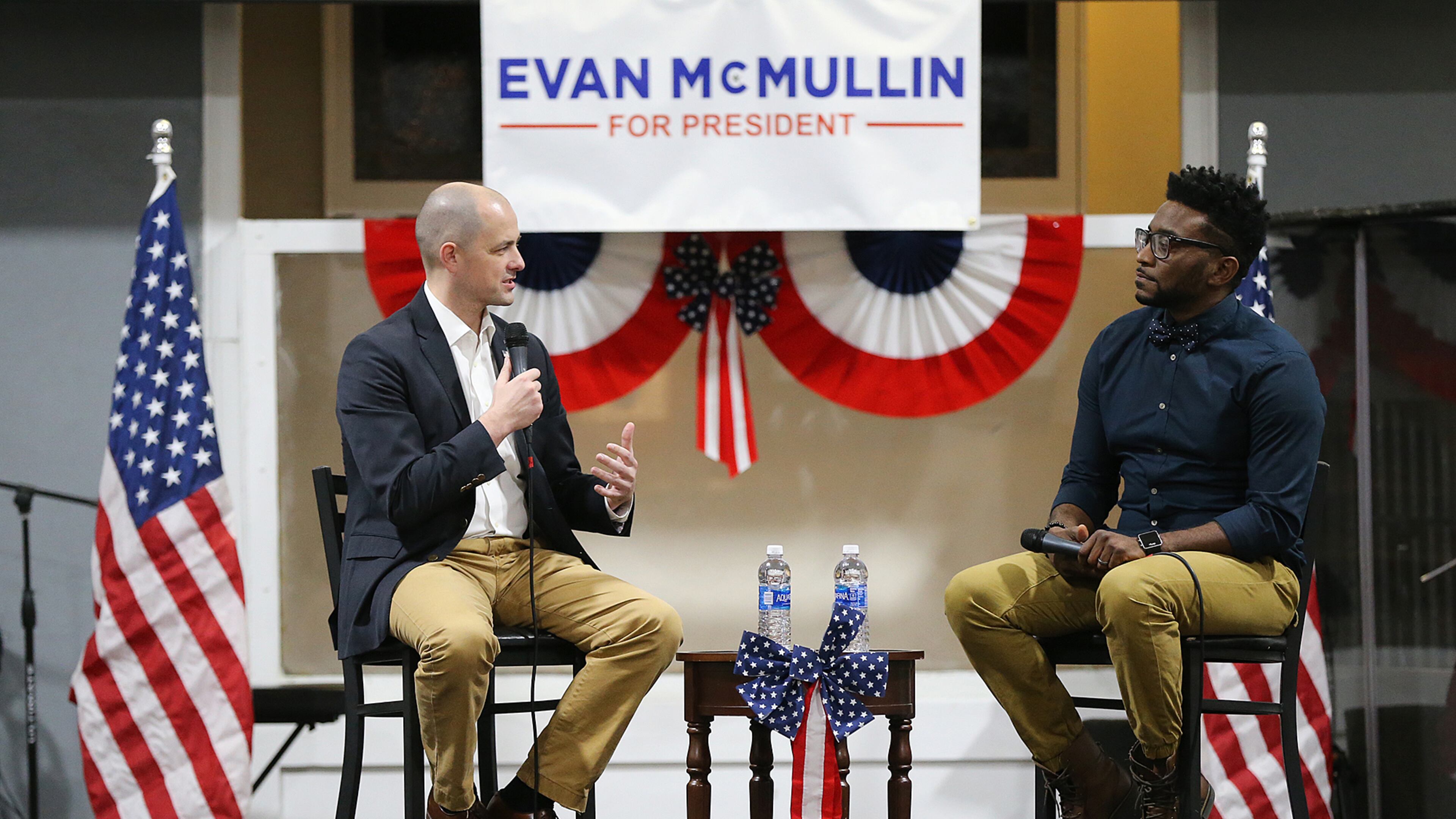 Write-in presidential candidate Evan McMullin answers a question on race from moderator Sho Baraka, a Christian rap artist, during a town-hall meeting at the Blueprint Church in Atlanta on Monday. Curtis Compton, ccompton@ajc.com