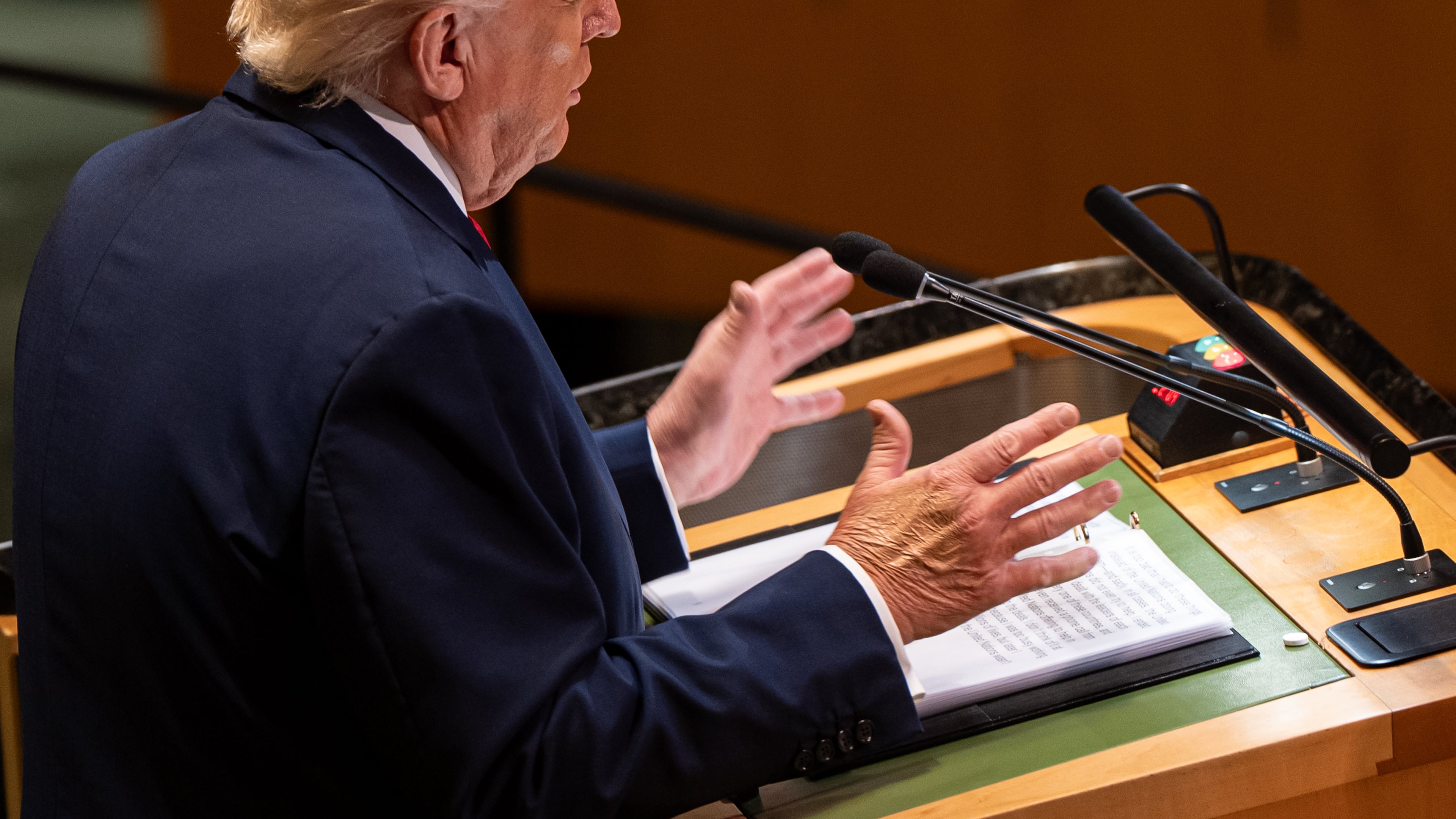 FILE - President Donald Trump gestures as he addresses the 80th session of the United Nations General Assembly, Sept. 23, 2025, at U.N. headquarters. (AP Photo/Angelina Katsanis)