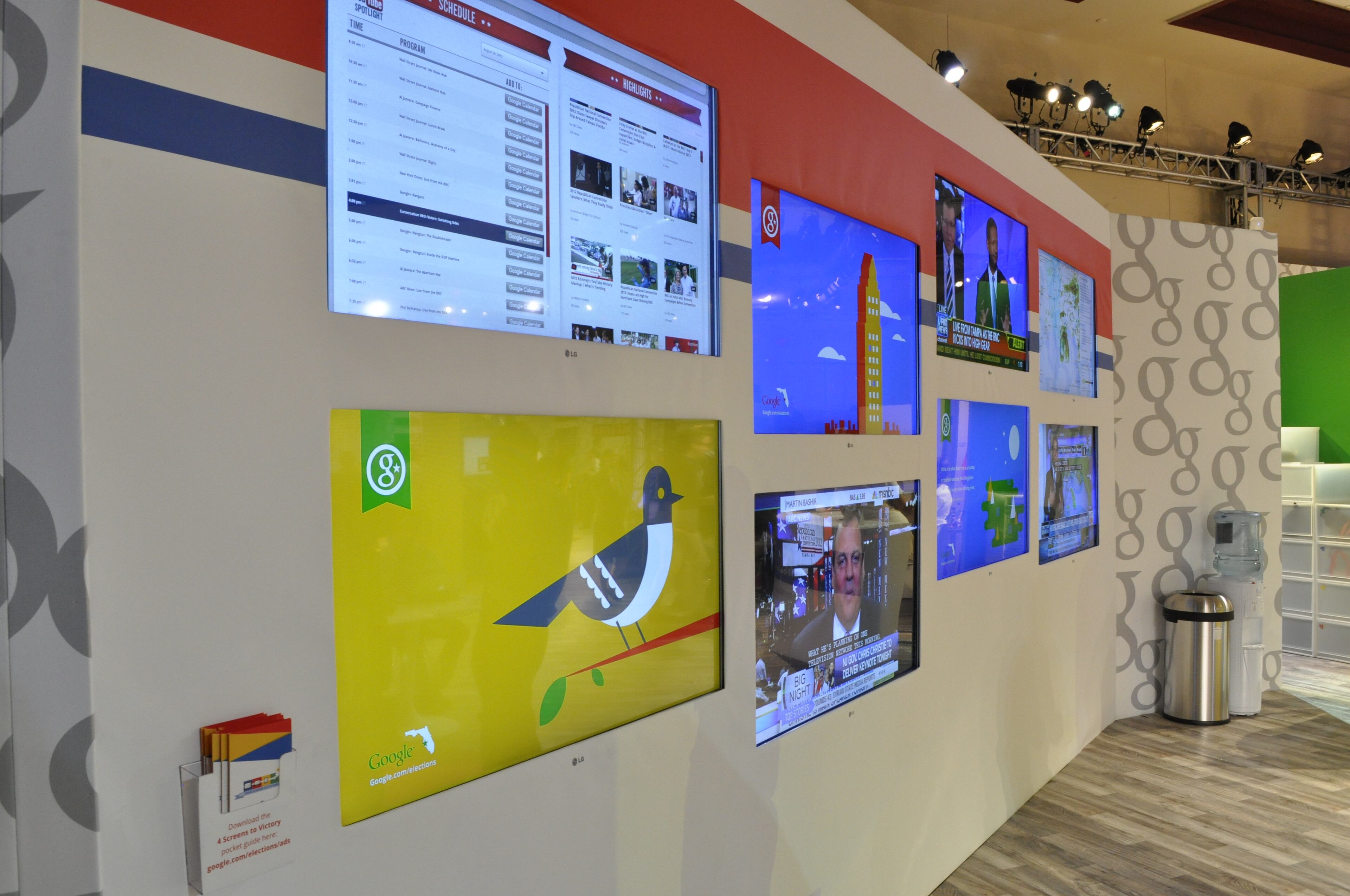 Video screens on the walls give second by second news updates.