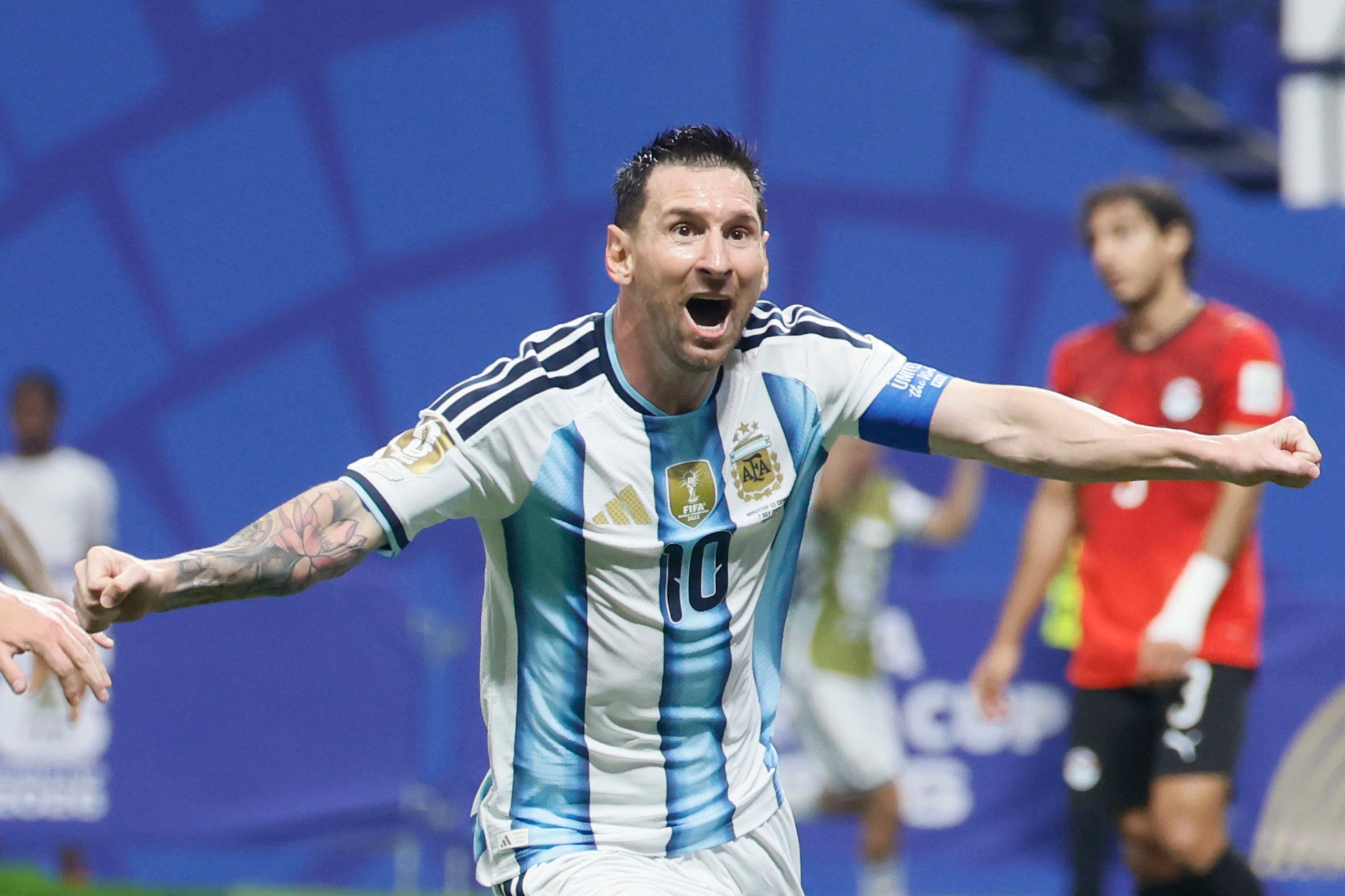 Argentina's Lionel Messi celebrates his goal during the second half against Egypt during their World Cup match at Atlanta Stadium on Tuesday, July 7, 2026. (Miguel Martinez/AJC)