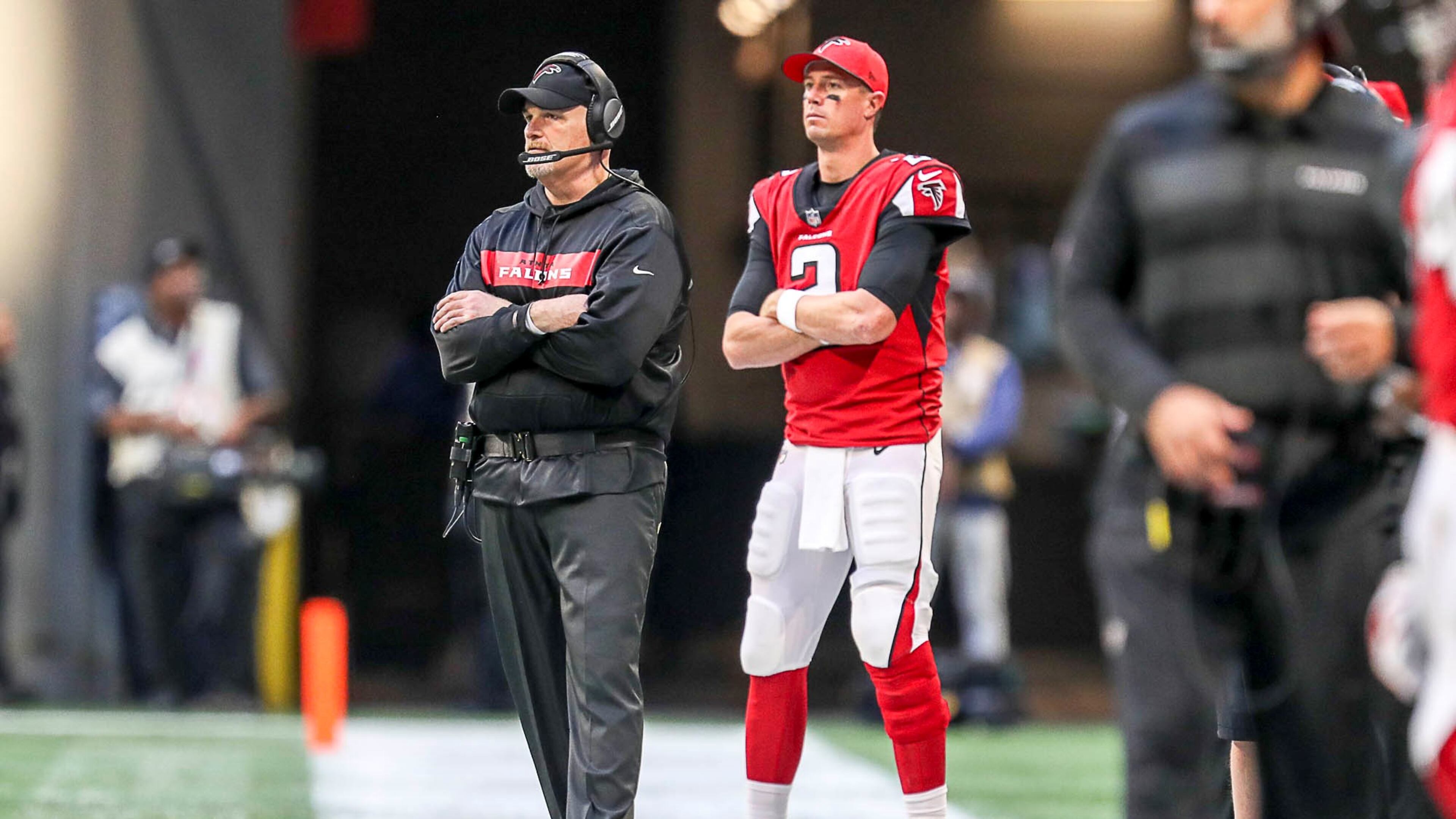 Falcons coach Dan Quinn and quarterback Matt Ryan (2) watch the defense play during the second half of the game at Mercedes-Benz Stadium in Atlanta, Sunday, December 2, 2018. (ALYSSA POINTER/ALYSSA.POINTER@AJC.COM)