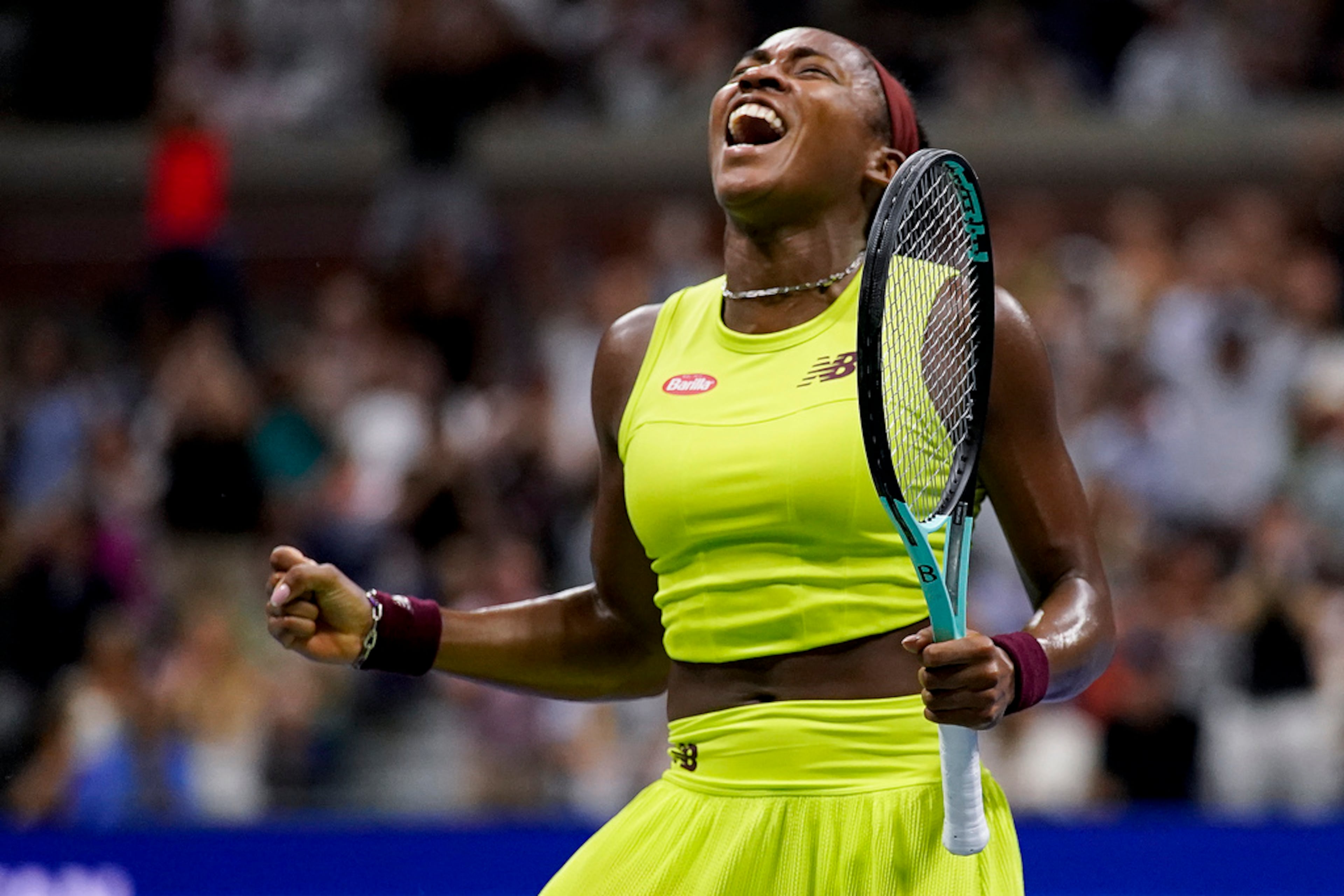Coco Gauff, of the United States, reacts after defeating Karolina Muchova, of the Czech Republic, during the women's singles semifinals of the U.S. Open tennis championships, Thursday, Sept. 7, 2023, in New York. (AP Photo/Charles Krupa)