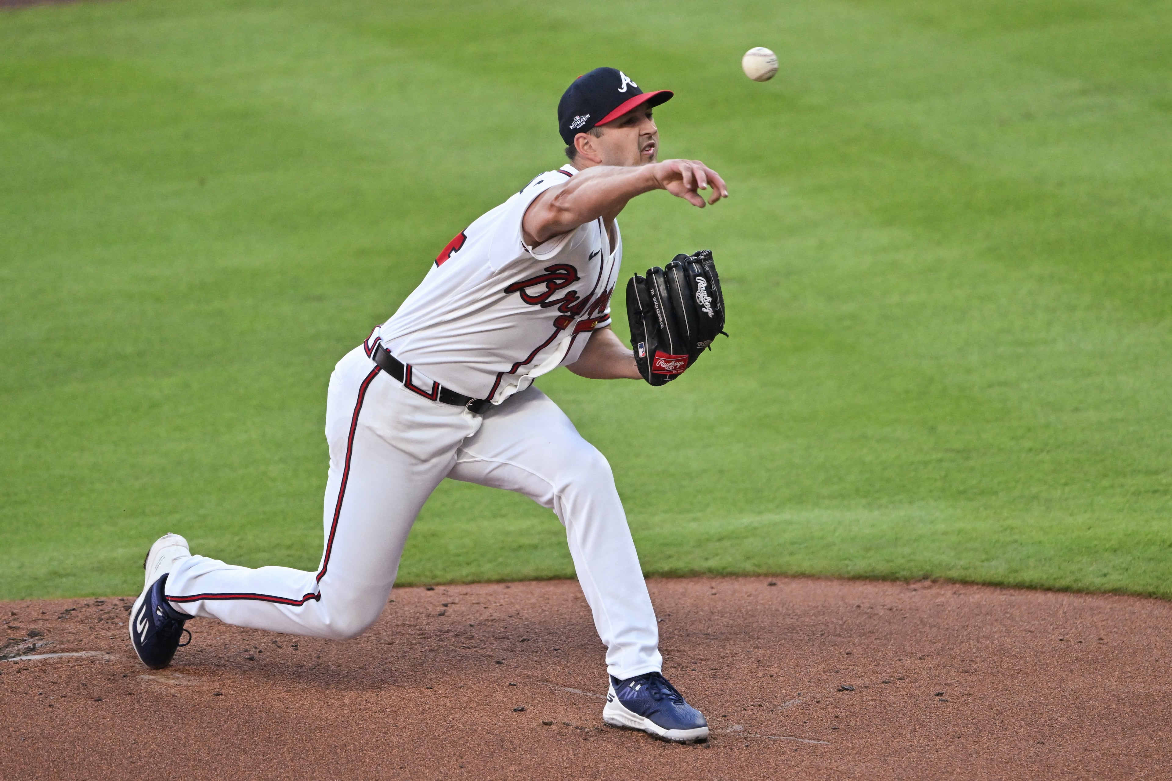 Atlanta Braves pitcher Tyler Mahle (54) delivers to a Los Angeles Dodgers batter during the first inning of Game 4 of the MLB National League Division Series between the Atlanta Braves and the Los Angeles Dodgers, Wednesday, Oct. 7, 2026, in Atlanta. (Hyosub Shin/AJC)
