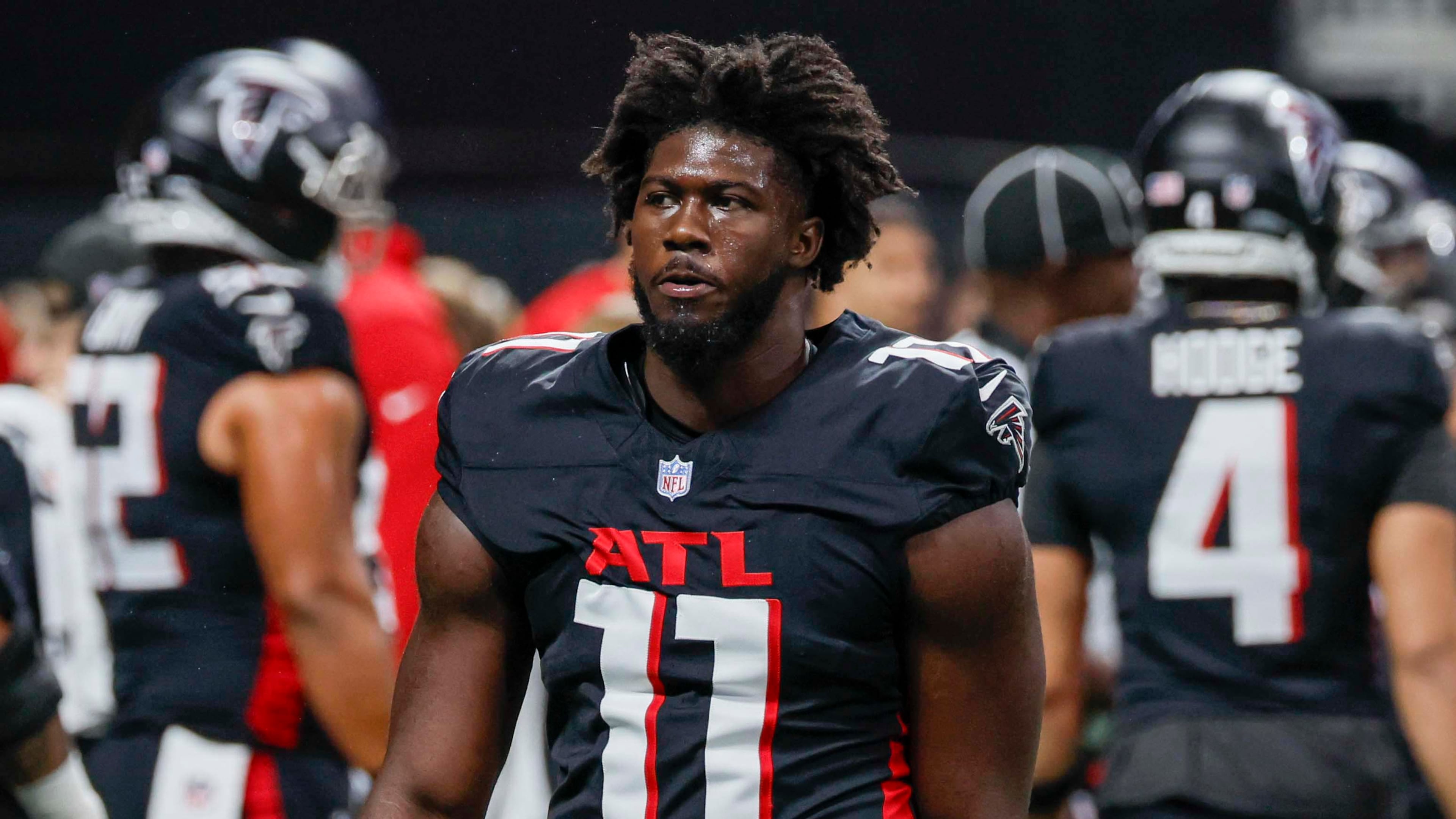 Falcons linebacker Jalon Walker leaves the field before their game against the Seattle Seahawks at Mercedes-Benz Stadium on Sunday, Dec. 7, 2025, in Atlanta. Walker exited Tuesday’s training camp practice after sustaining an injury. (Miguel Martinez/AJC)
