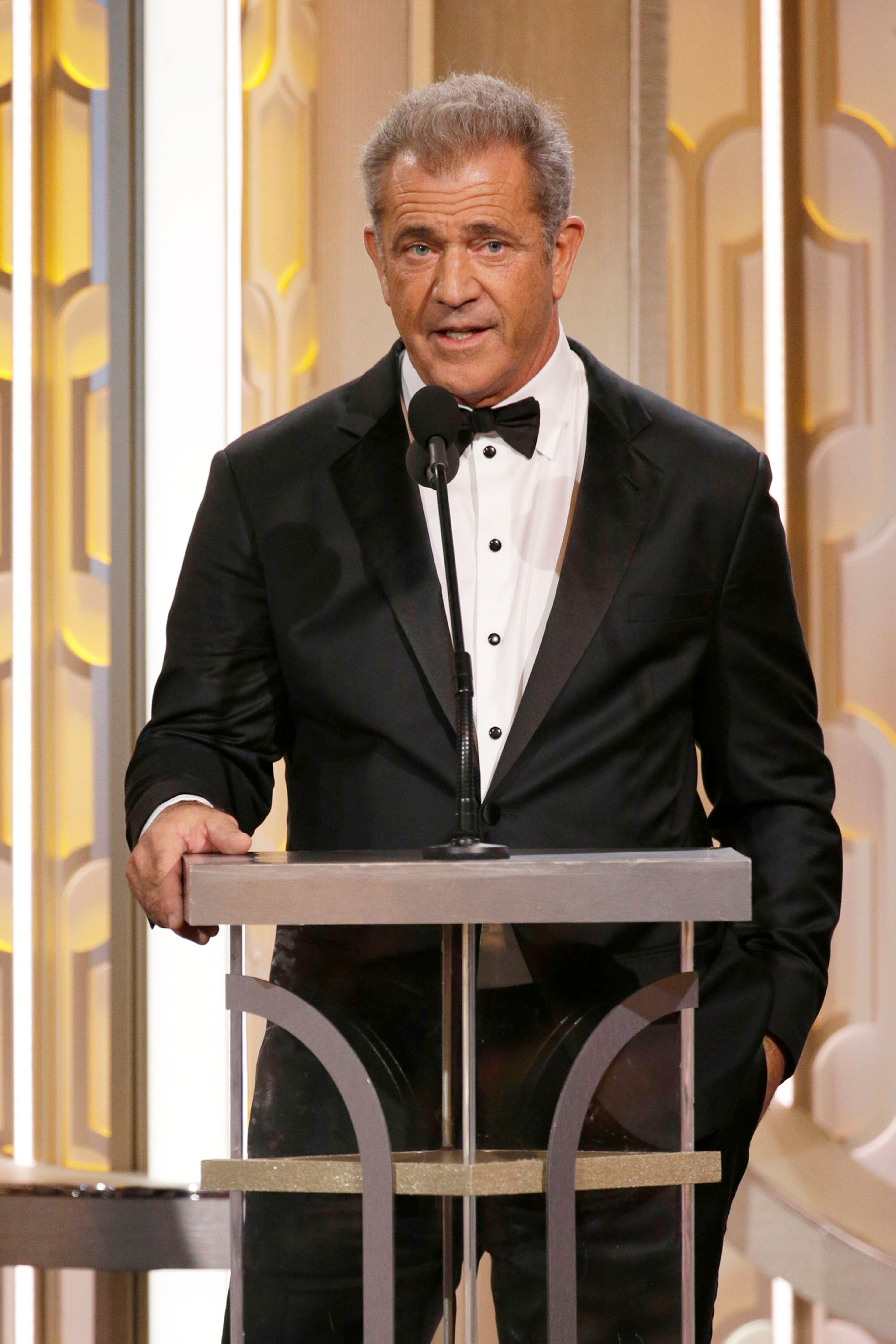 BEVERLY HILLS, CA - JANUARY 10: In this handout photo provided by NBCUniversal, Presenter Mel Gibson speaks onstage during the 73rd Annual Golden Globe Awards at The Beverly Hilton Hotel on January 10, 2016 in Beverly Hills, California. (Photo by Paul Drinkwater/NBCUniversal via Getty Images)
