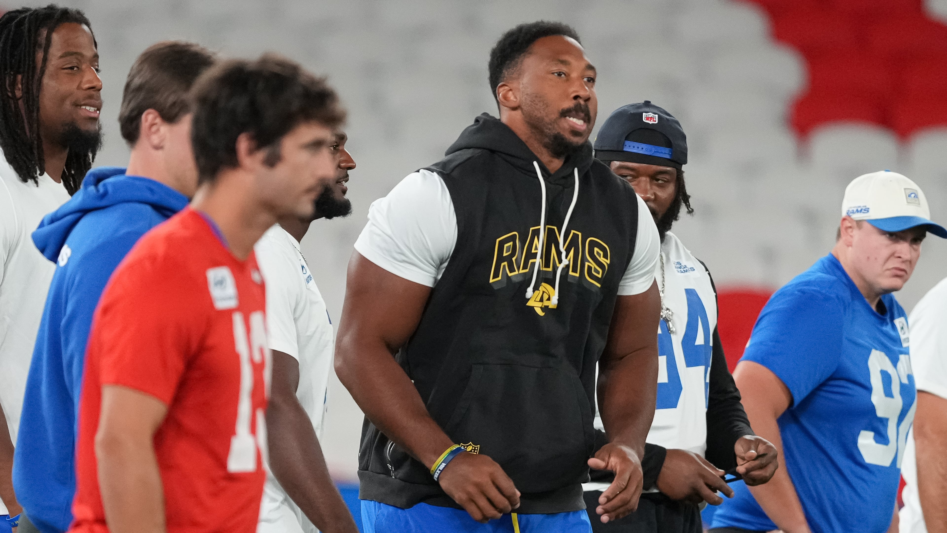 Los Angeles Rams outside linebacker Myles Garrett, centre, works out during a practice session for an NFL football game against the San Francisco 49ers., in Melbourne, Australia, Thursday, Sept. 10, 2026.(AP Photo/Asanka Brendon Ratnayake)