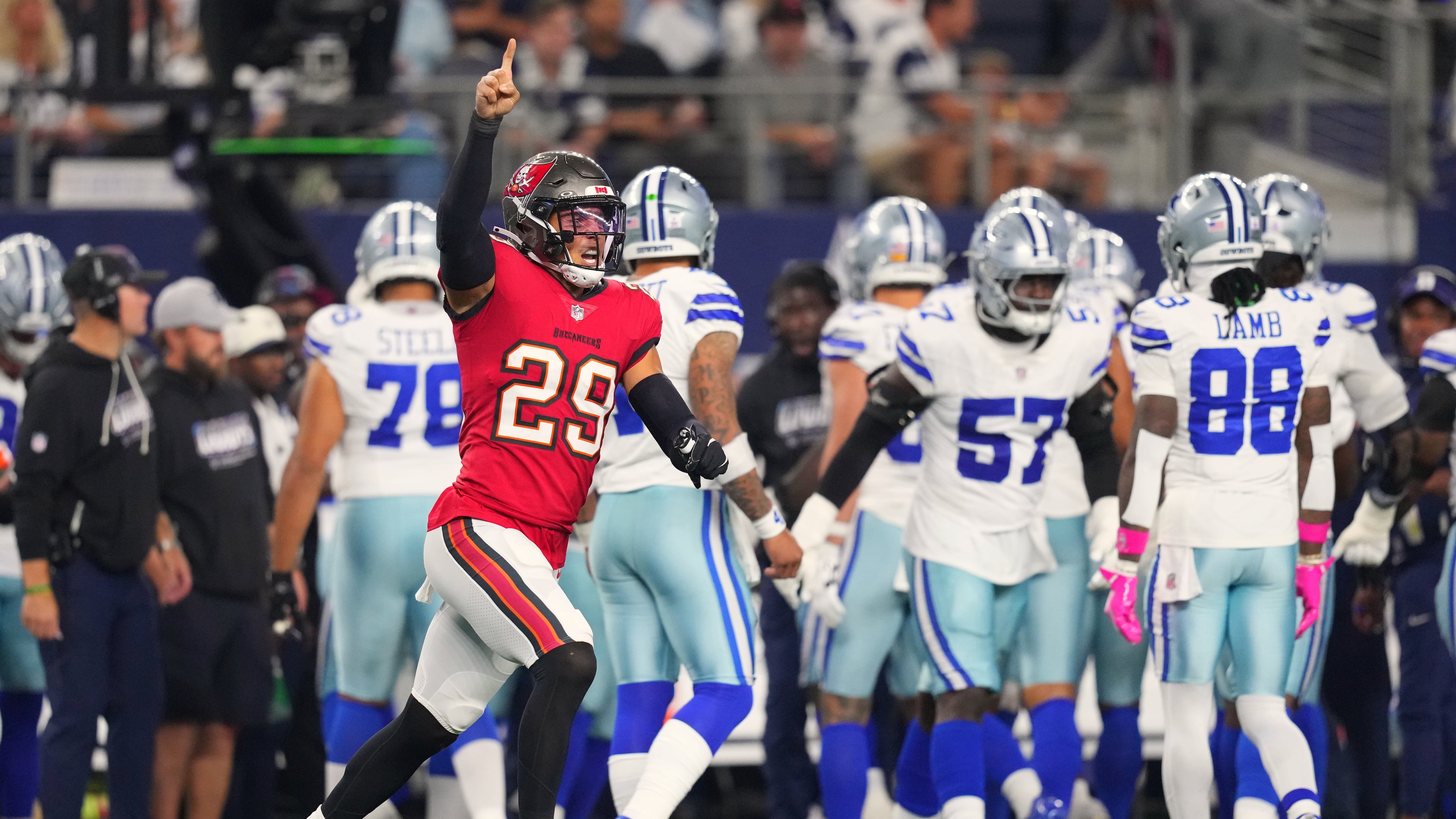 Tampa Bay Buccaneers safety Miles Killebrew (29) celebrates after the Buccaneers recovered a fumbled kickoff return by the Dallas Cowboys in the second half of an NFL football game in Arlington, Texas on Thursday, Oct. 8, 2026. (AP Photo/Julio Cortez)