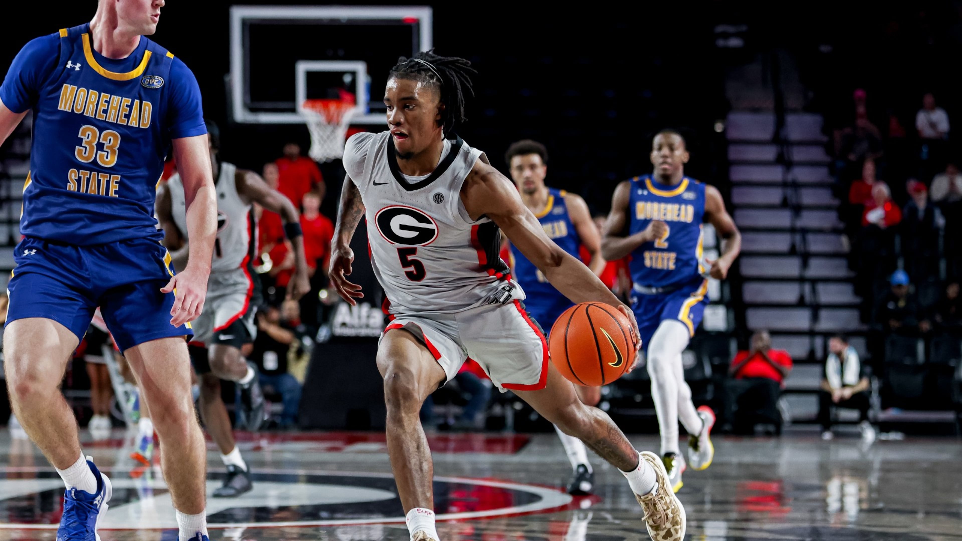 Georgia guard Jeremiah Wilkinson (5) during Georgia’s game against Morehead State at Stegeman Coliseum in Athens, Ga., on Sunday, Nov. 9, 2025.