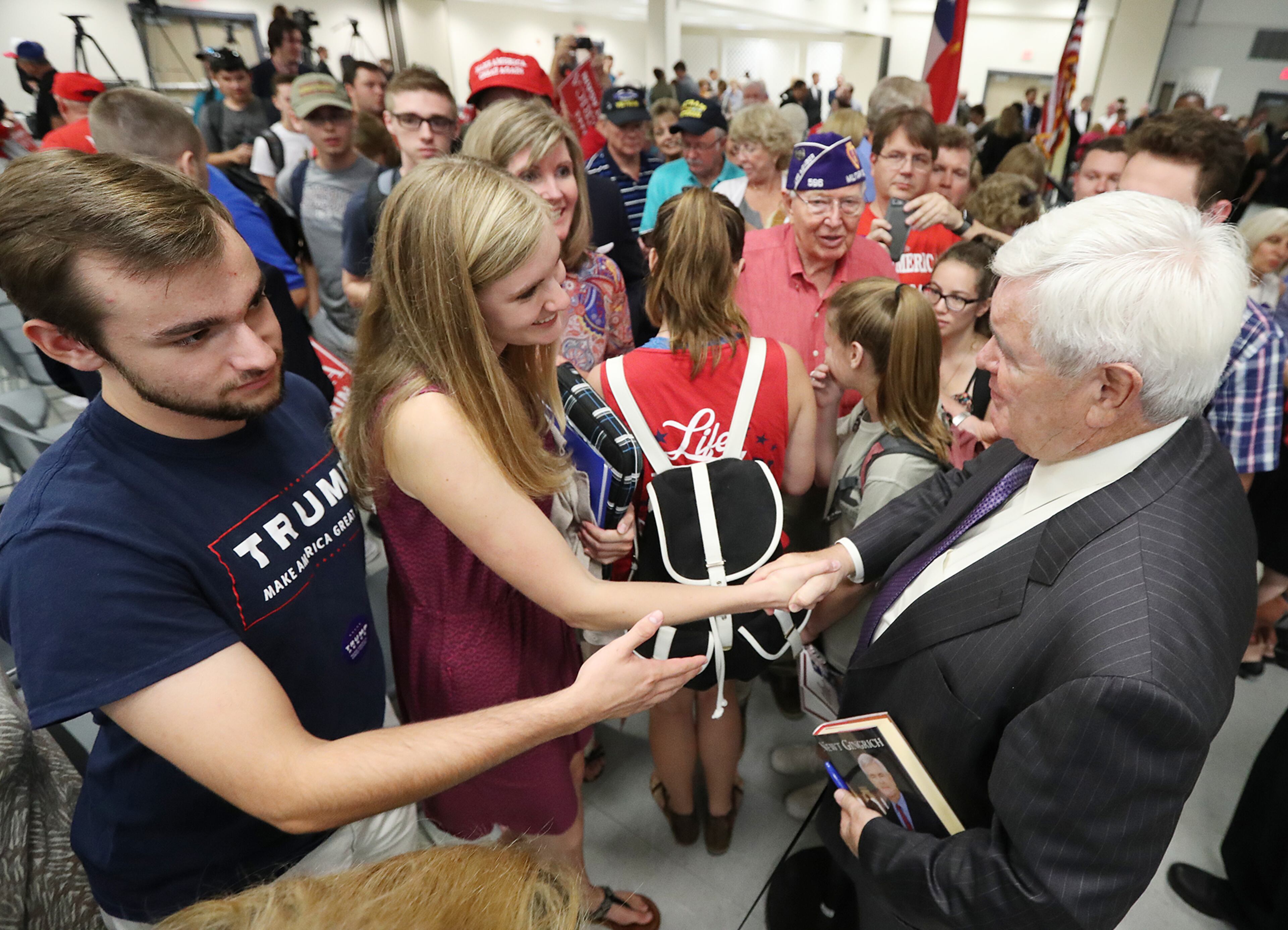 Donald Trump surrogate and onetime Georgia lawmaker Newt Gingrich works the crowd greeting students at the conclusion of a town hall at Kennesaw State University on Monday, Sept. 12, 2016, in Kennesaw. Curtis Compton /ccompton@ajc.com