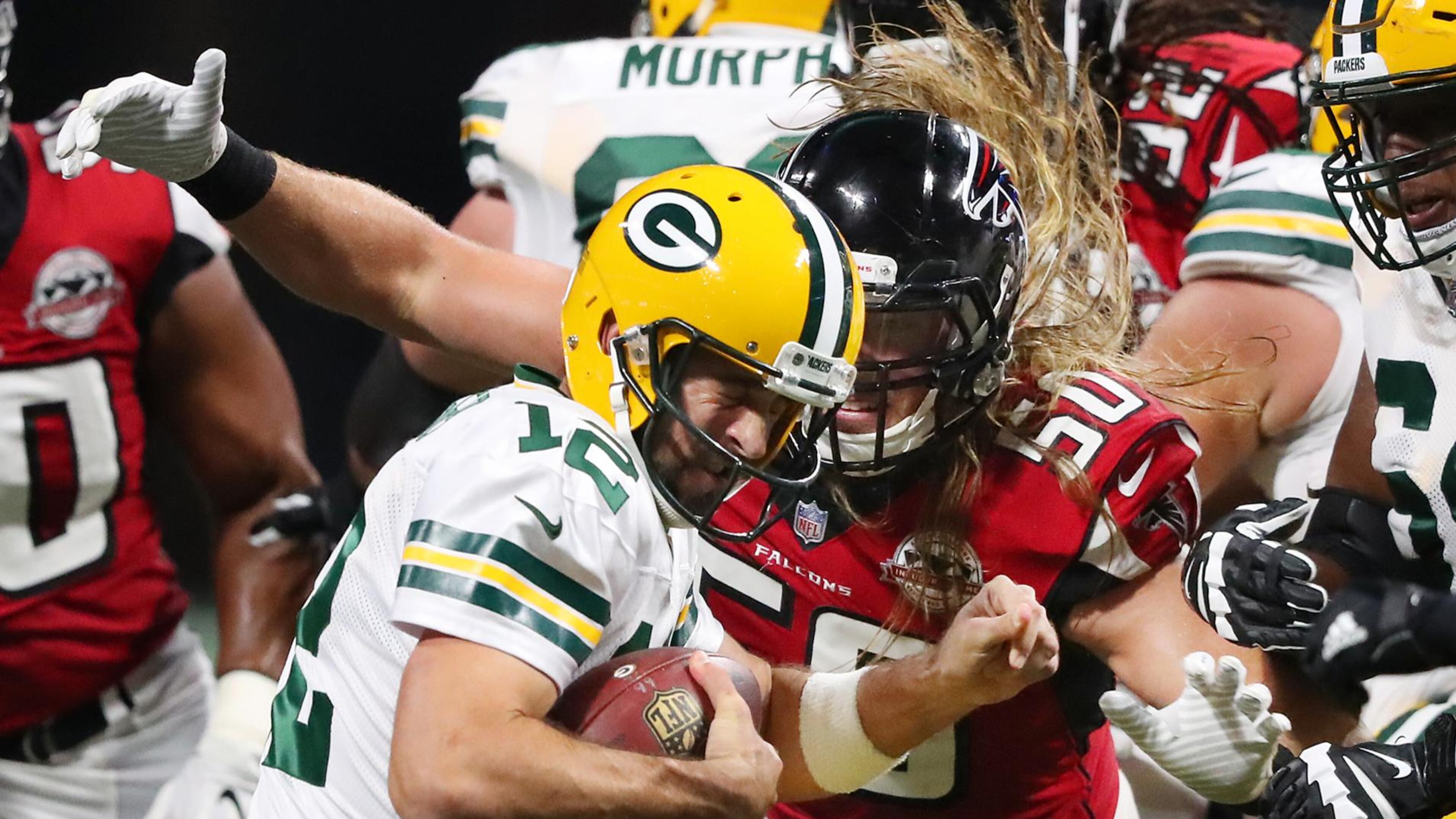 September 17, 2017 Atlanta: Falcons defensive end Brooks Reed sacks Packers quarterback Aaron Rodgers during the second quarter in a NFL football game on Sunday, September 17, 2017, in Atlanta. Curtis Compton/ccompton@ajc.com