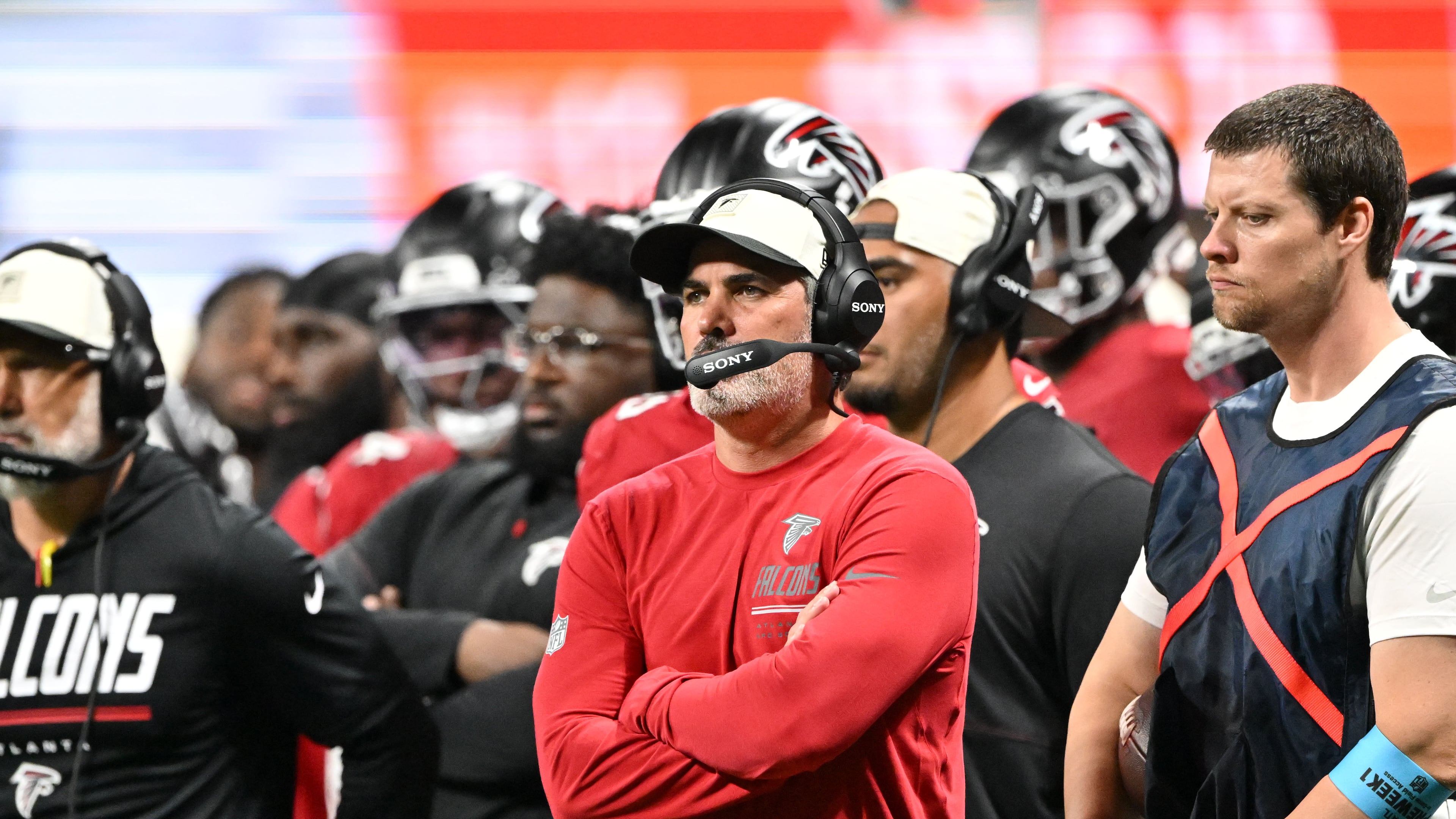 Atlanta Falcons head coach Kevin Stefanski reacts during the first half of an NFL preseason game at Mercedes-Benz Stadium on Friday, Aug. 14, 2026, in Atlanta. (Hyosub Shin/AJC)