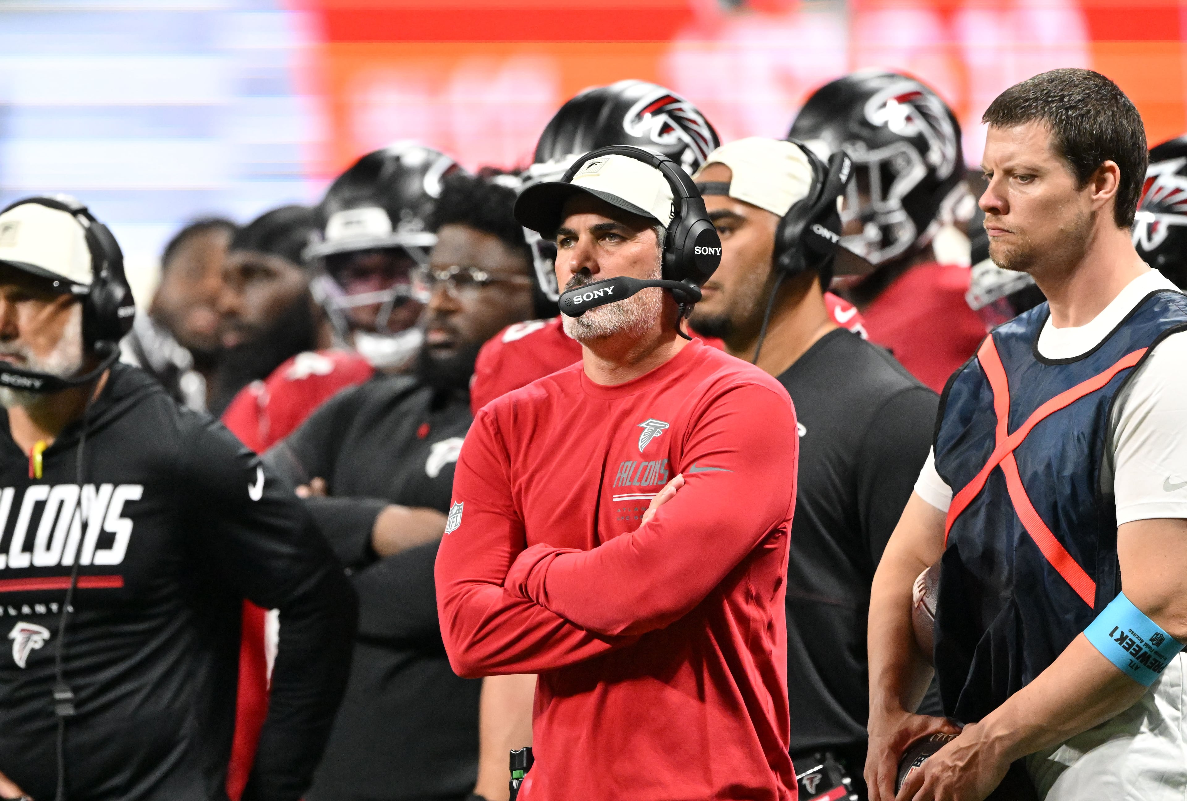 Falcons coach Kevin Stefanski watches from the sidelines as his team takes on the Denver Broncos during their preseason game at Mercedes-Benz Stadium on Friday, Aug. 14, 2026, in Atlanta. (Hyosub Shin/AJC)