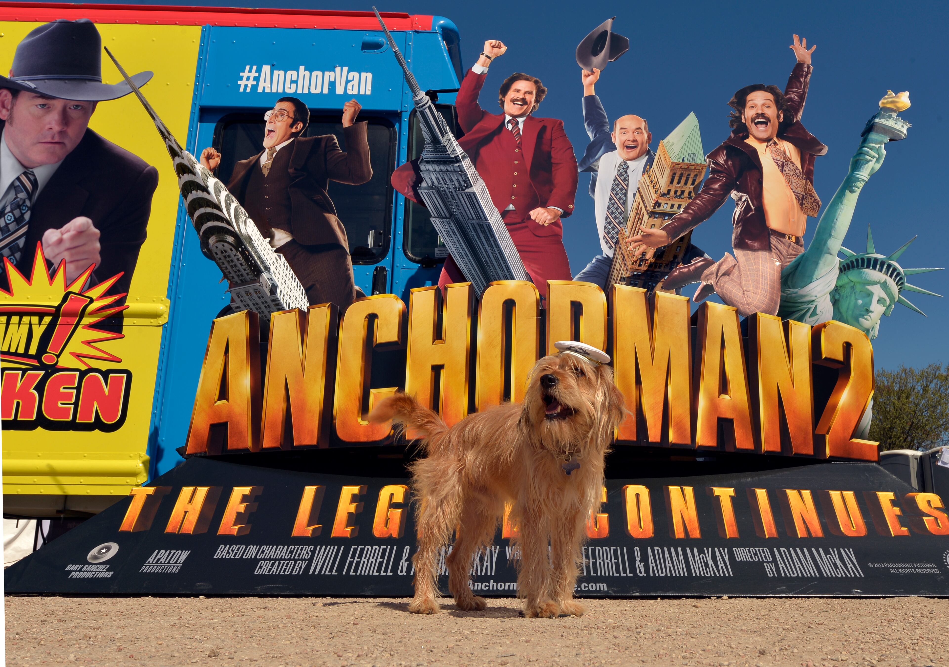 IMAGE DISTRIBUTED FOR PARAMOUNT PICTURES - Baxter, the four-legged star of the blockbuster hit comedy "Anchorman 2: The Legend Continues", poses in front of the world's first combination news/food truck at SXSW in Austin, Texas, Tuesday, March 11, 2014, in celebration of the film's digital debut. The "AnchorVan" will make stops throughout the country en route to it's final destination in New York City on April 1st for the Blu-ray arrival of the film. (Photo by Jack Dempsey/Invision for Paramount Pictures/AP Images)