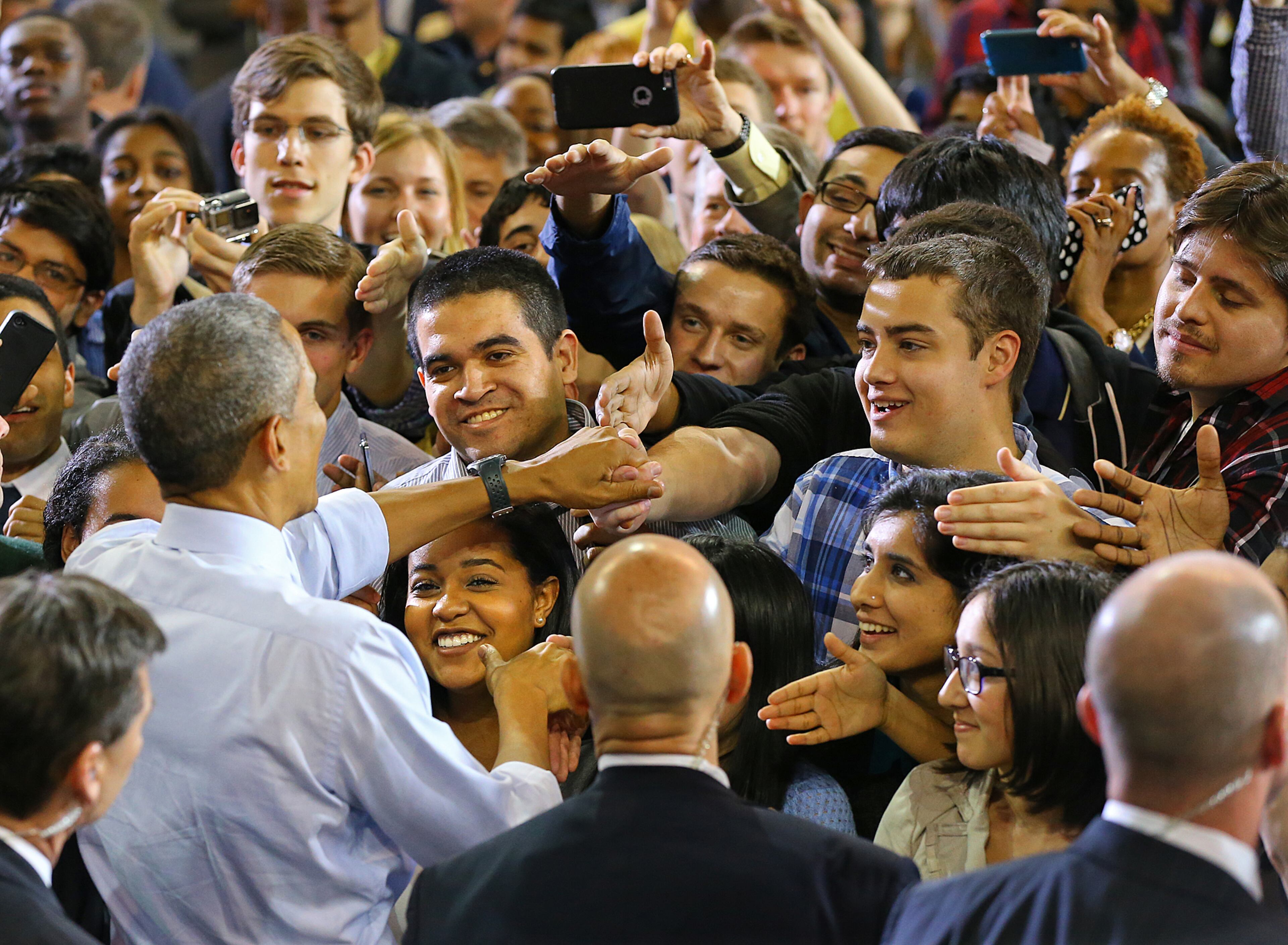 Students press the ropeline for a handshake from President Barack Obama as he works the crowd after his address at Georgia Tech on Tuesday, March 10, 2015, in Atlanta. Curtis Compton / ccompton@ajc.com