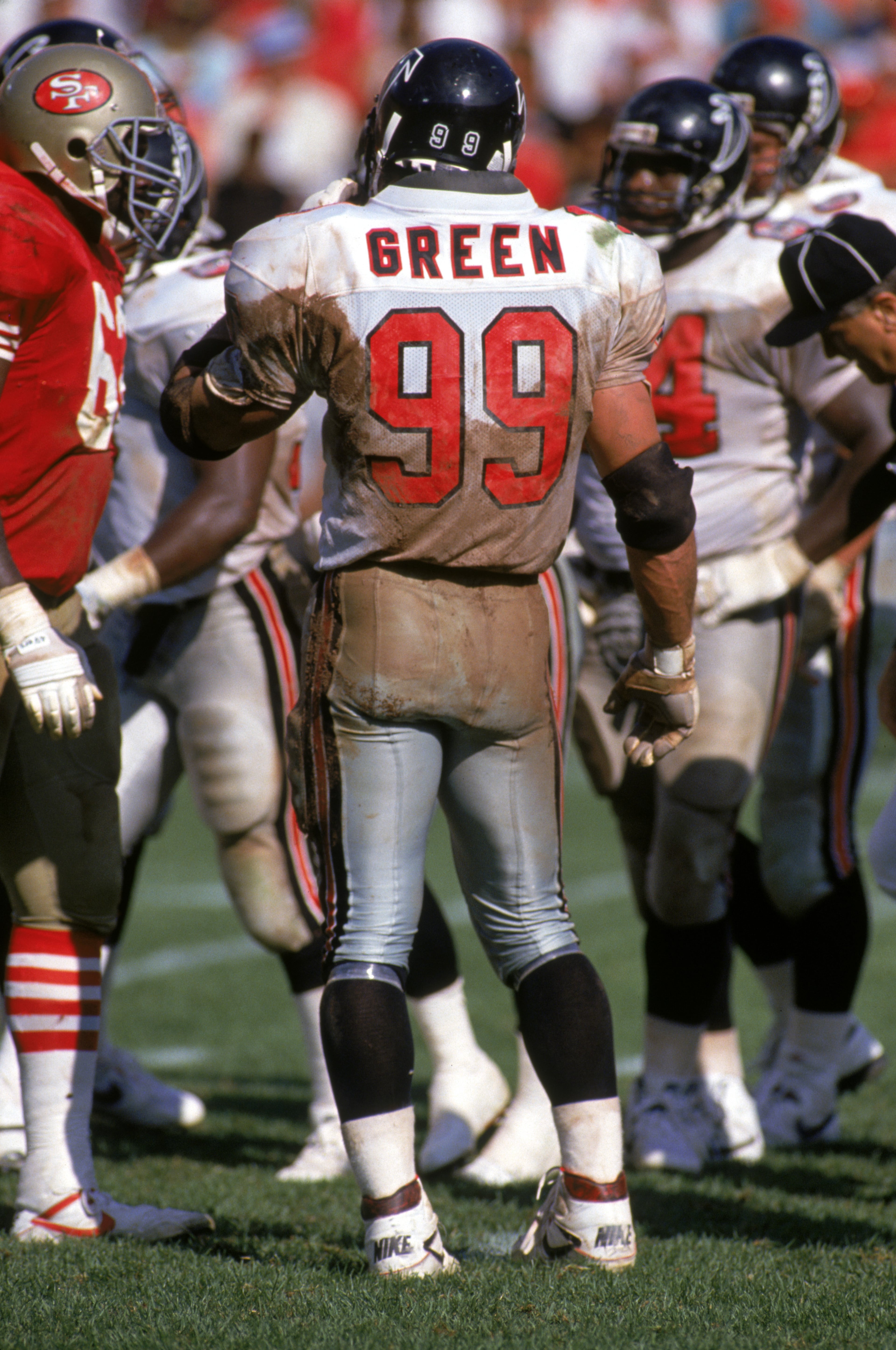 Tim Green of the Falcons readies for the next play against the San Francisco 49ers at Candlestick Park on September 23, 1990 in San Francisco, California. (Photo by George Rose/Getty Images)
