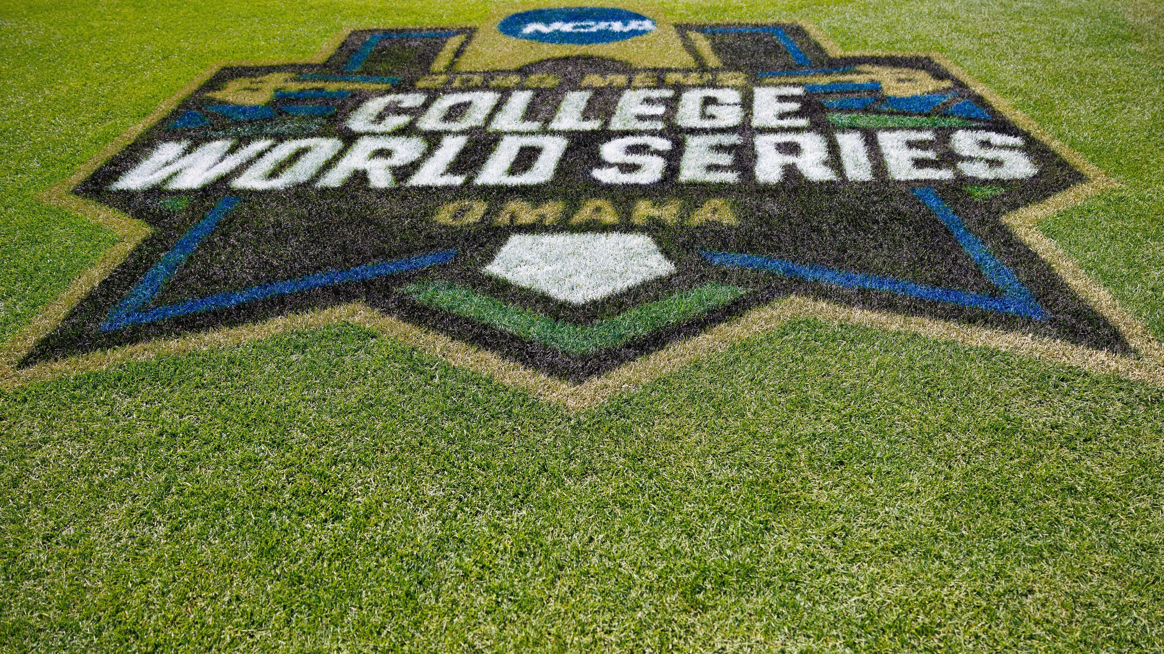 FILE - Field logo during an NCAA College World Series baseball game on Saturday, June 14, 2025 in Omaha, Neb. (AP Photo/Cory Eads, File)