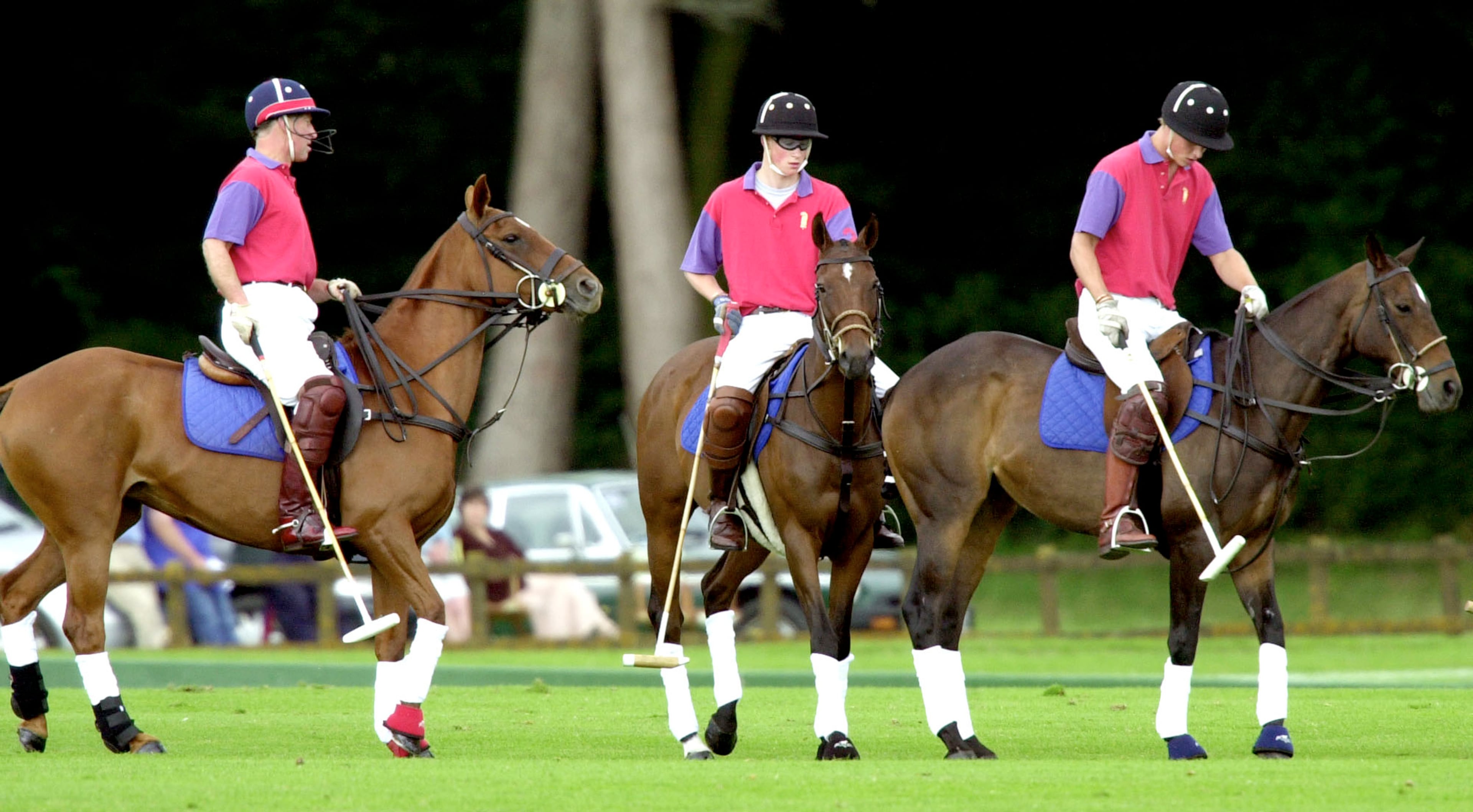 Britain's Prince Charles, right, and his sons Prince Harry, center, and Prince William take part in an exhibition Polo match July 15, 2001, at Cirencester Park Polo Club in Gloucestershire, England.