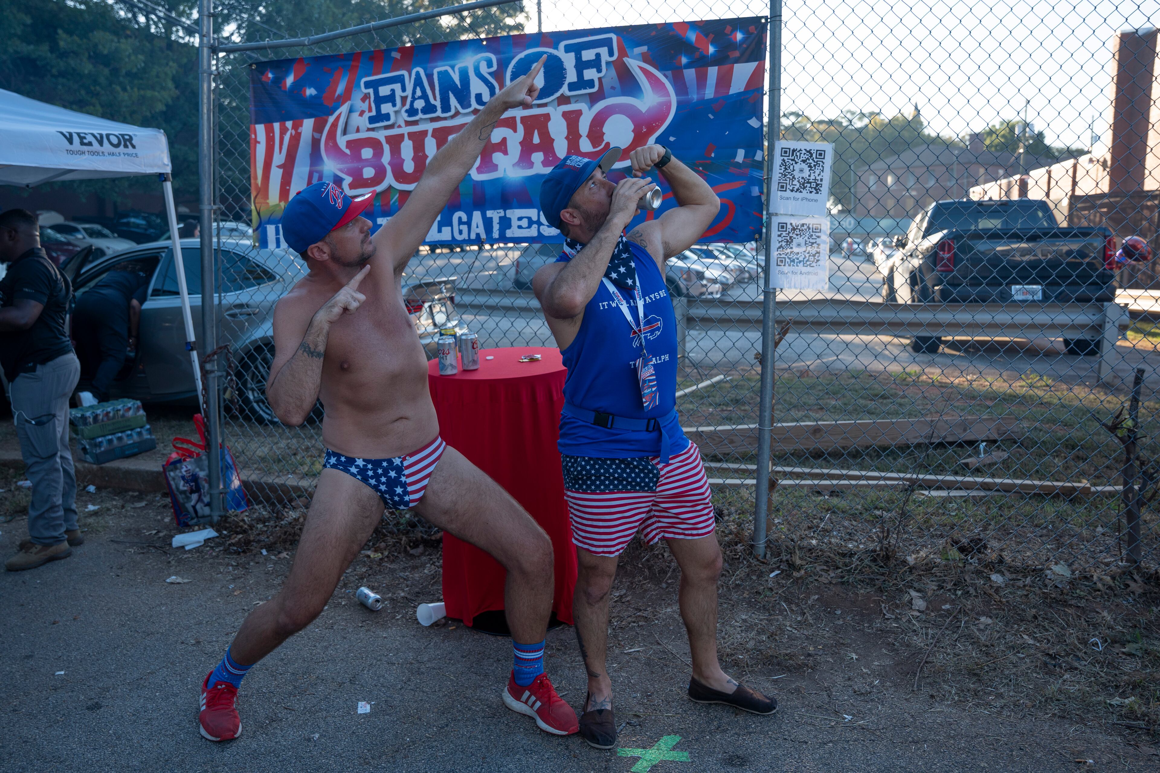 Torpedo Dan, a recognizable figure in the Bills Mafia community, celebrates in patriotic attire while tailgating outside Mercedes-Benz Stadium on Monday, Oct. 13, 2025, in Atlanta, before the Bills take on the Falcons. (Olivia Bowdoin for the AJC)
