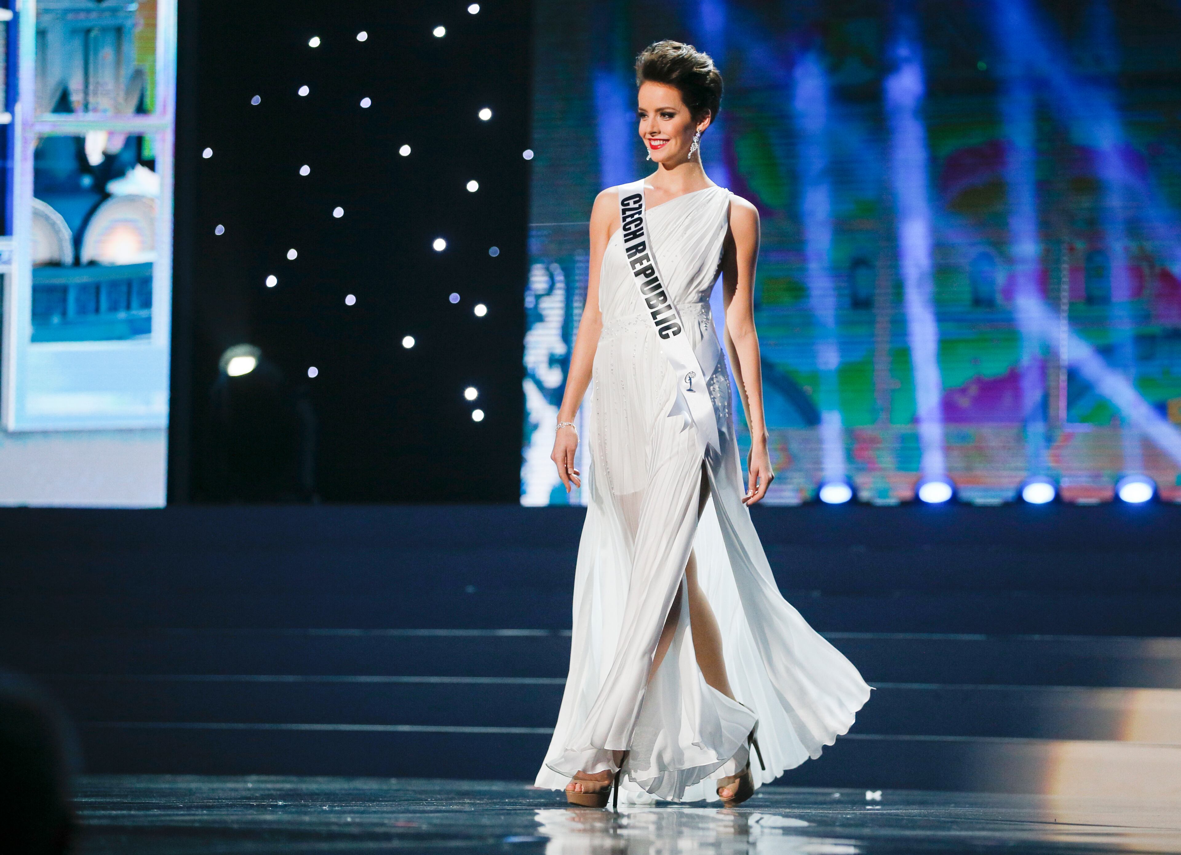 Miss Czech Republic Gabriela Kratochv�v�resents herself during the preliminary competition of the 2013 Miss Universe pageant in Moscow, Russia, on Tuesday, Nov. 5, 2013. Beauties will compete for the title of Miss Universe in Moscow on Nov. 9.